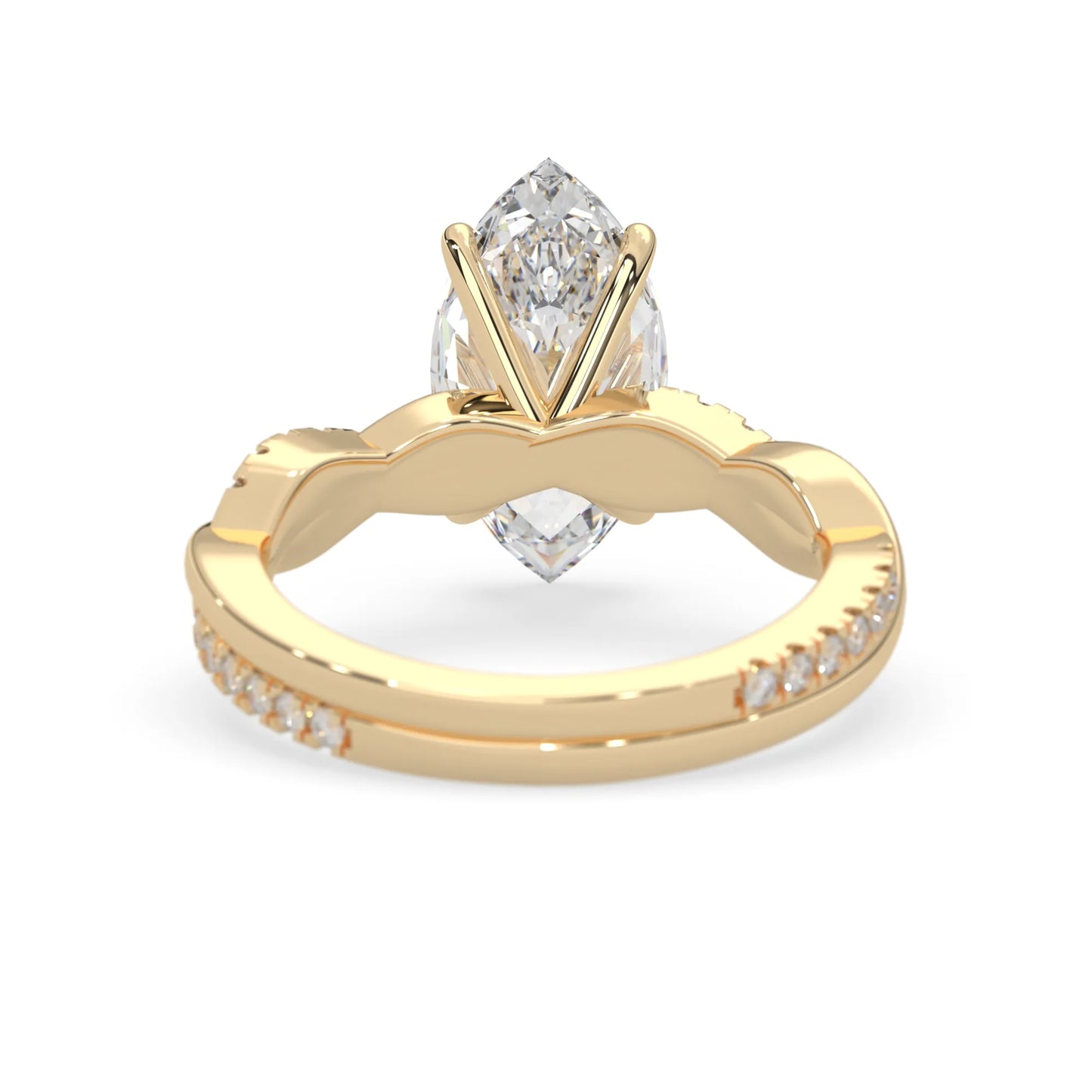 marquise brilliant lab grown diamond engagement ring with prong setting and twisted pavé diamond band in yellow gold tone