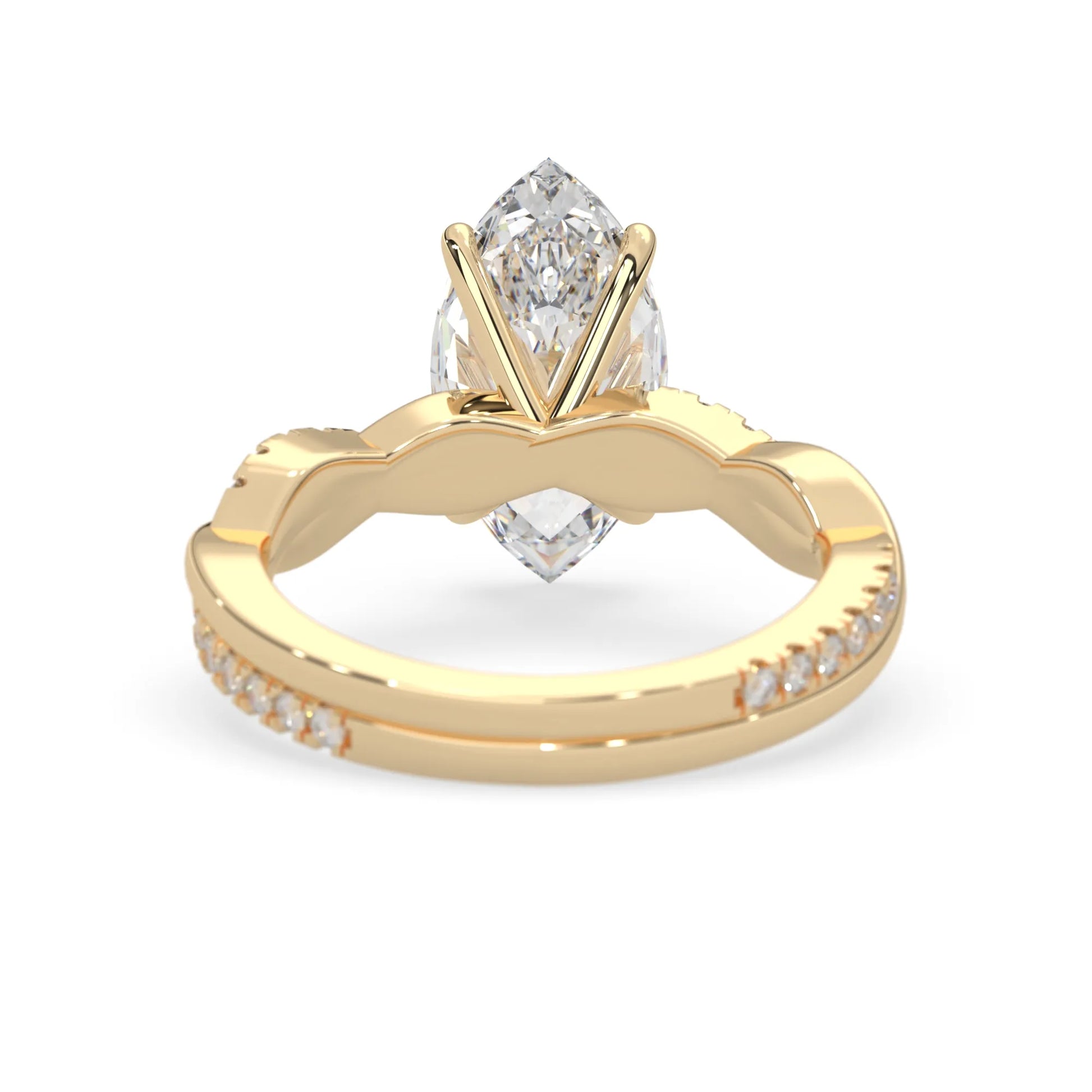 marquise brilliant lab grown diamond engagement ring with prong setting and twisted pavé diamond band in yellow gold tone