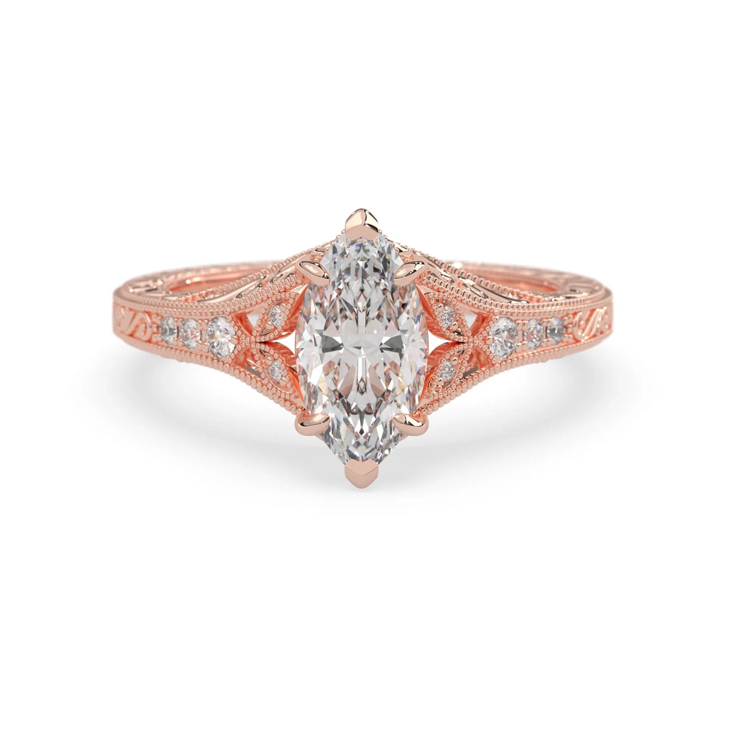 Marquise lab grown diamond engagement ring with ornate vintage split shank and round diamond accents in rose gold