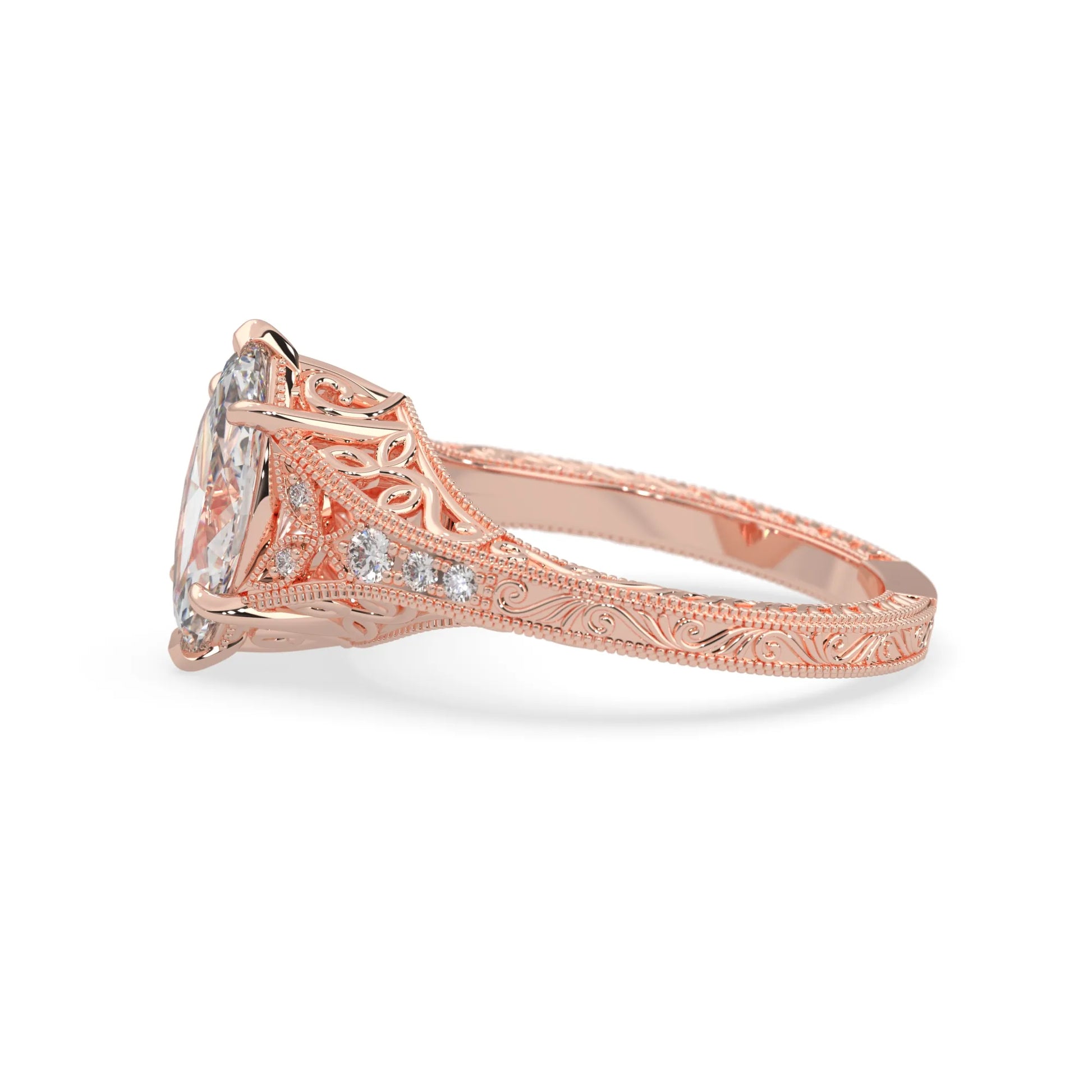 Marquise lab grown diamond engagement ring with ornate vintage split shank and round diamond accents in rose gold