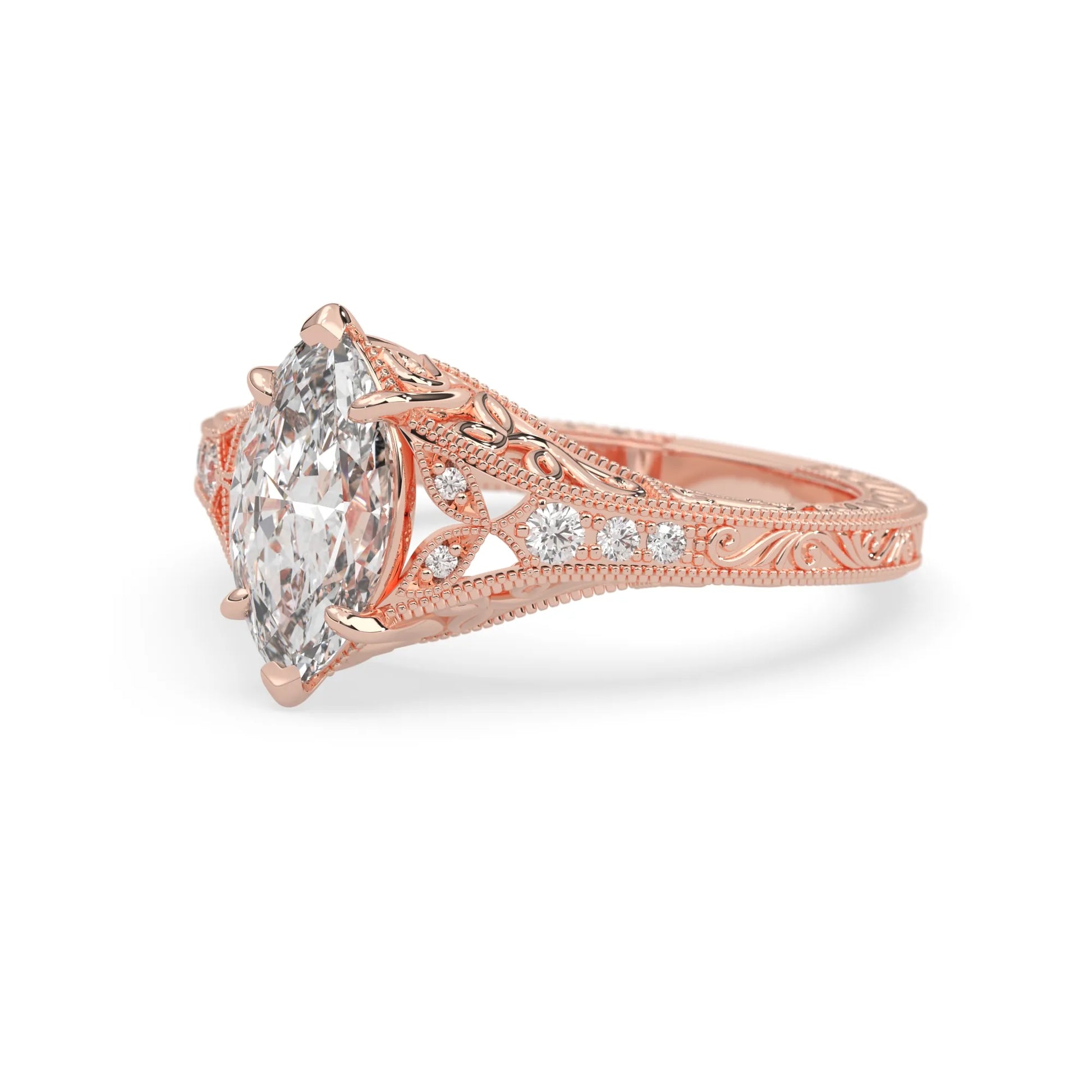 Marquise lab grown diamond engagement ring with ornate vintage split shank and round diamond accents in rose gold