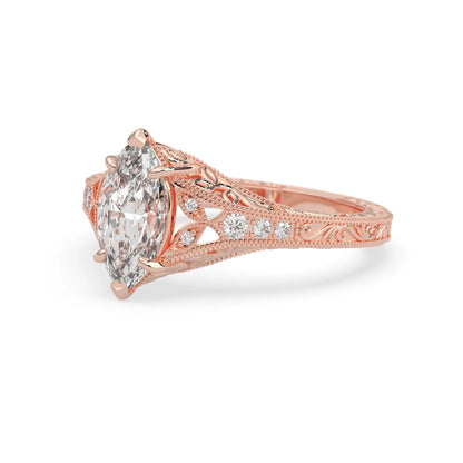 Marquise lab grown diamond engagement ring with ornate vintage split shank and round diamond accents in rose gold