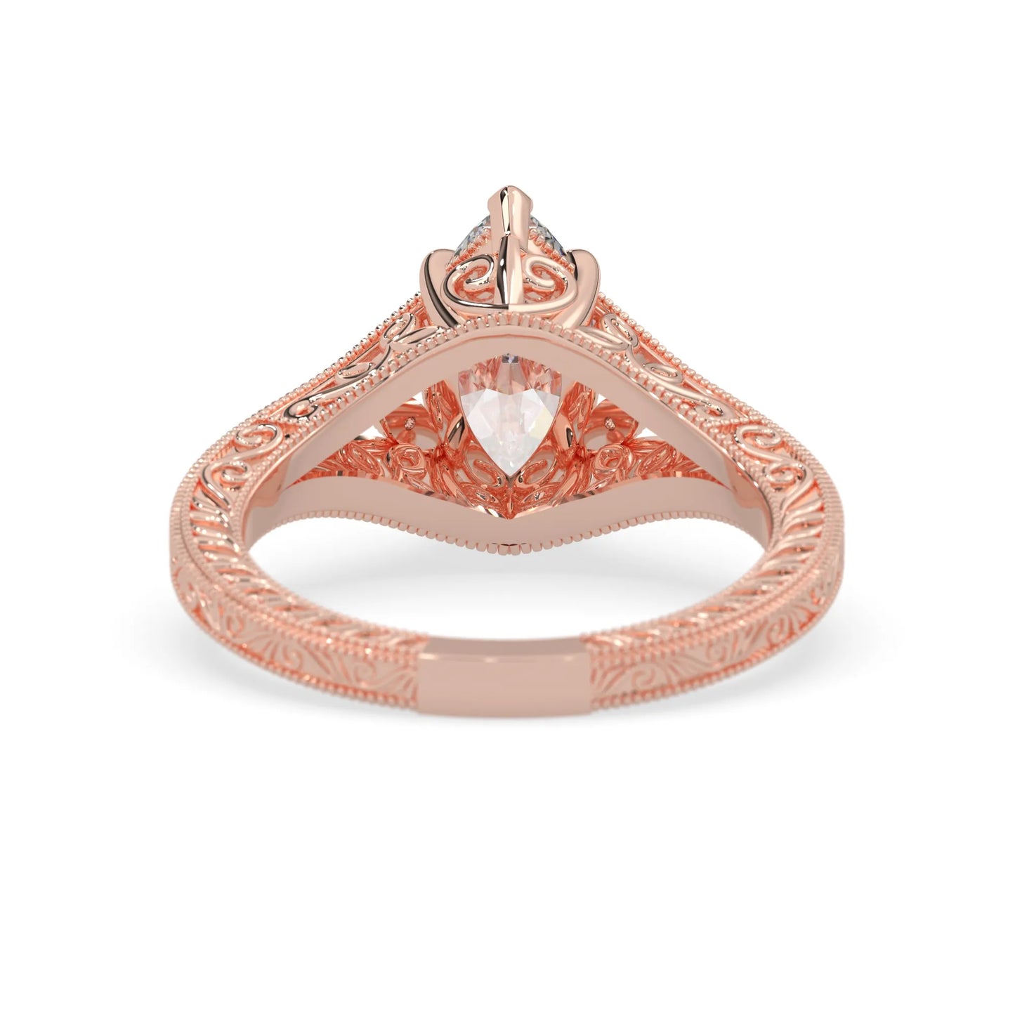 Marquise lab grown diamond engagement ring with ornate vintage split shank and round diamond accents in rose gold