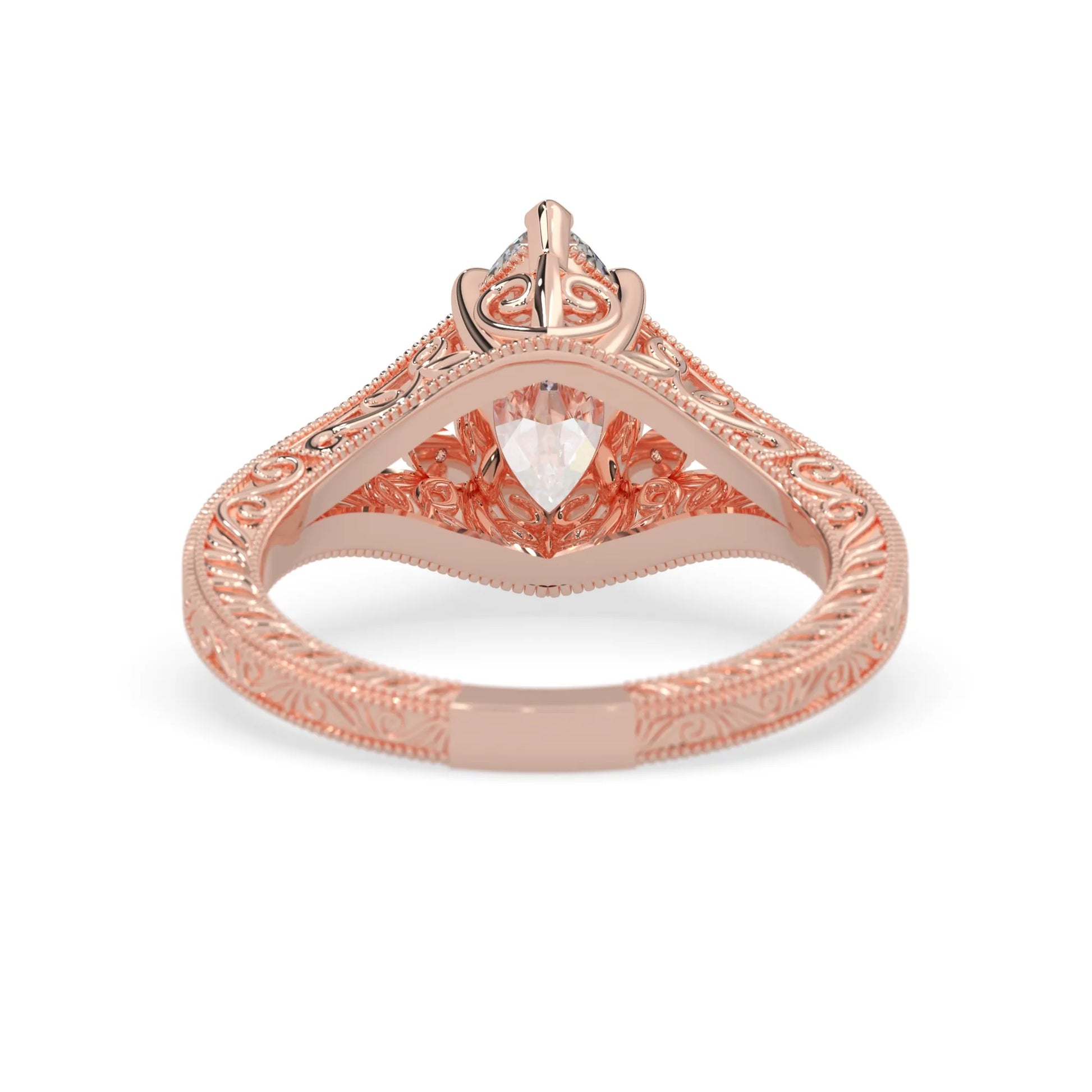 Marquise lab grown diamond engagement ring with ornate vintage split shank and round diamond accents in rose gold
