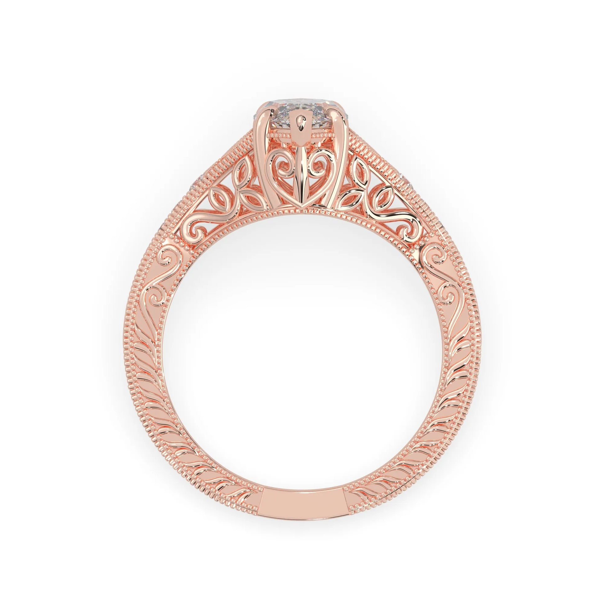 Marquise lab grown diamond engagement ring with ornate vintage split shank and round diamond accents in rose gold