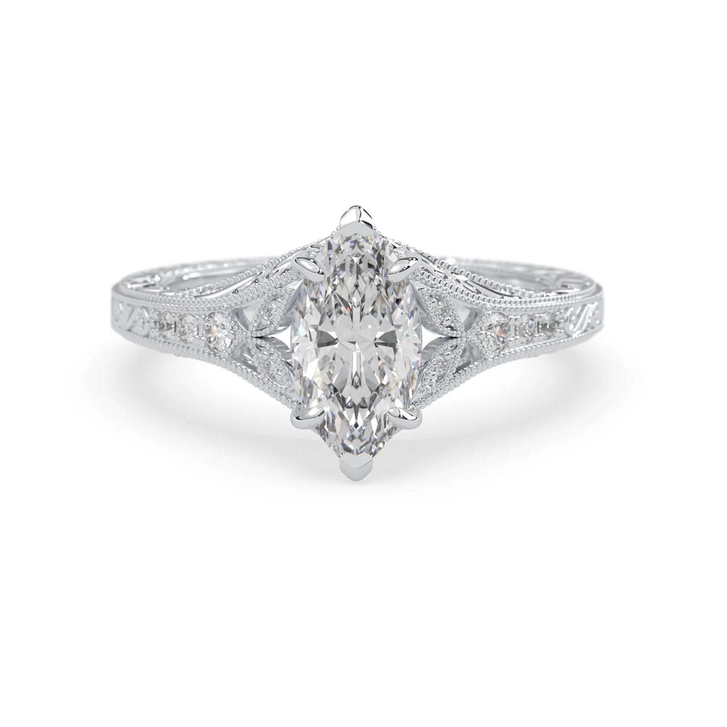 Marquise lab grown diamond engagement ring with ornate vintage split shank and round diamond accents in white gold