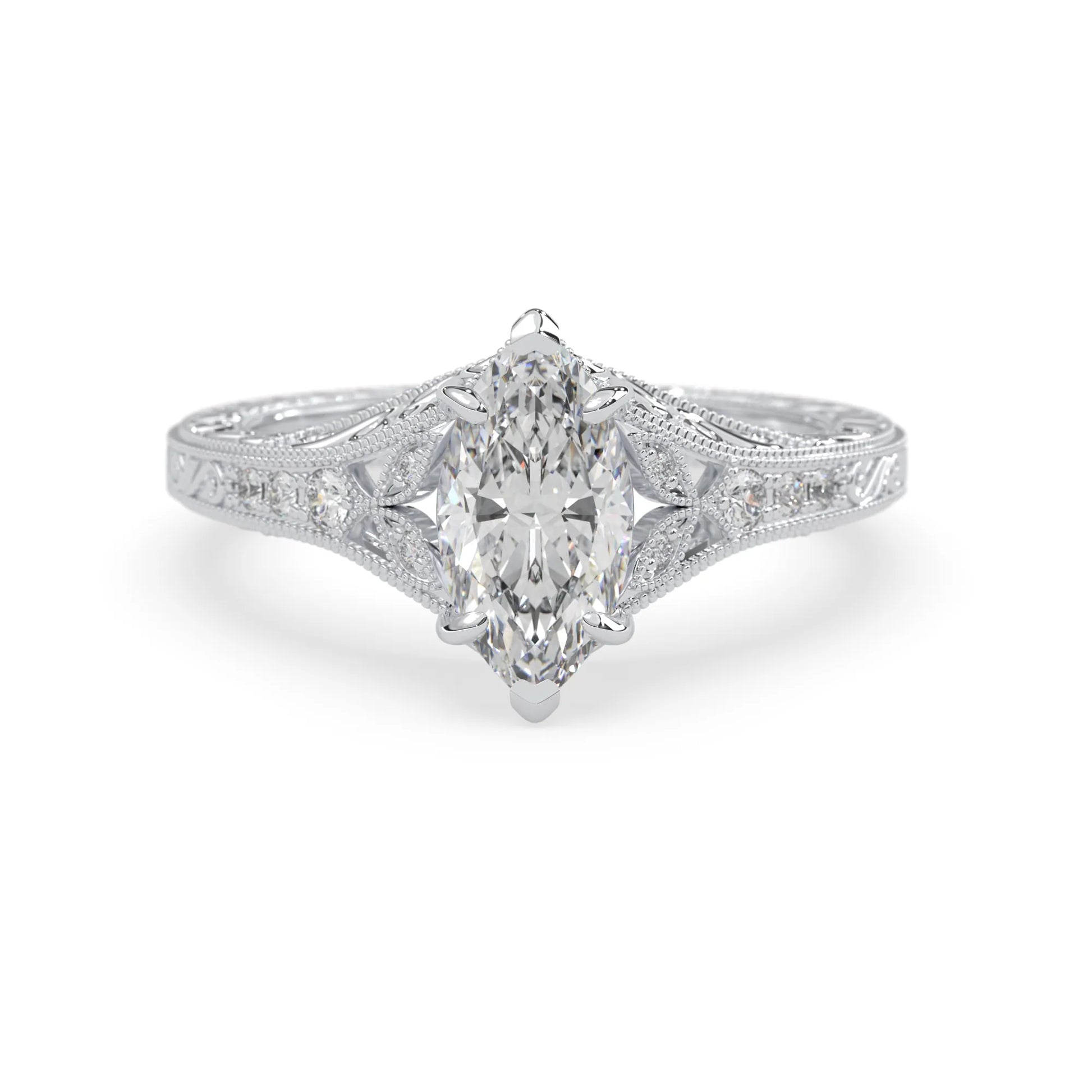 Marquise lab grown diamond engagement ring with ornate vintage split shank and round diamond accents in white gold
