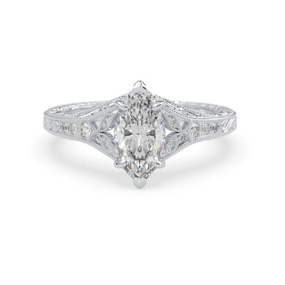 Marquise lab grown diamond engagement ring with ornate vintage split shank and round diamond accents in white gold