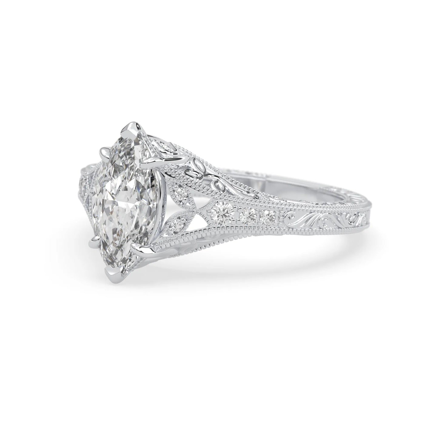 Marquise lab grown diamond engagement ring with ornate vintage split shank and round diamond accents in white gold