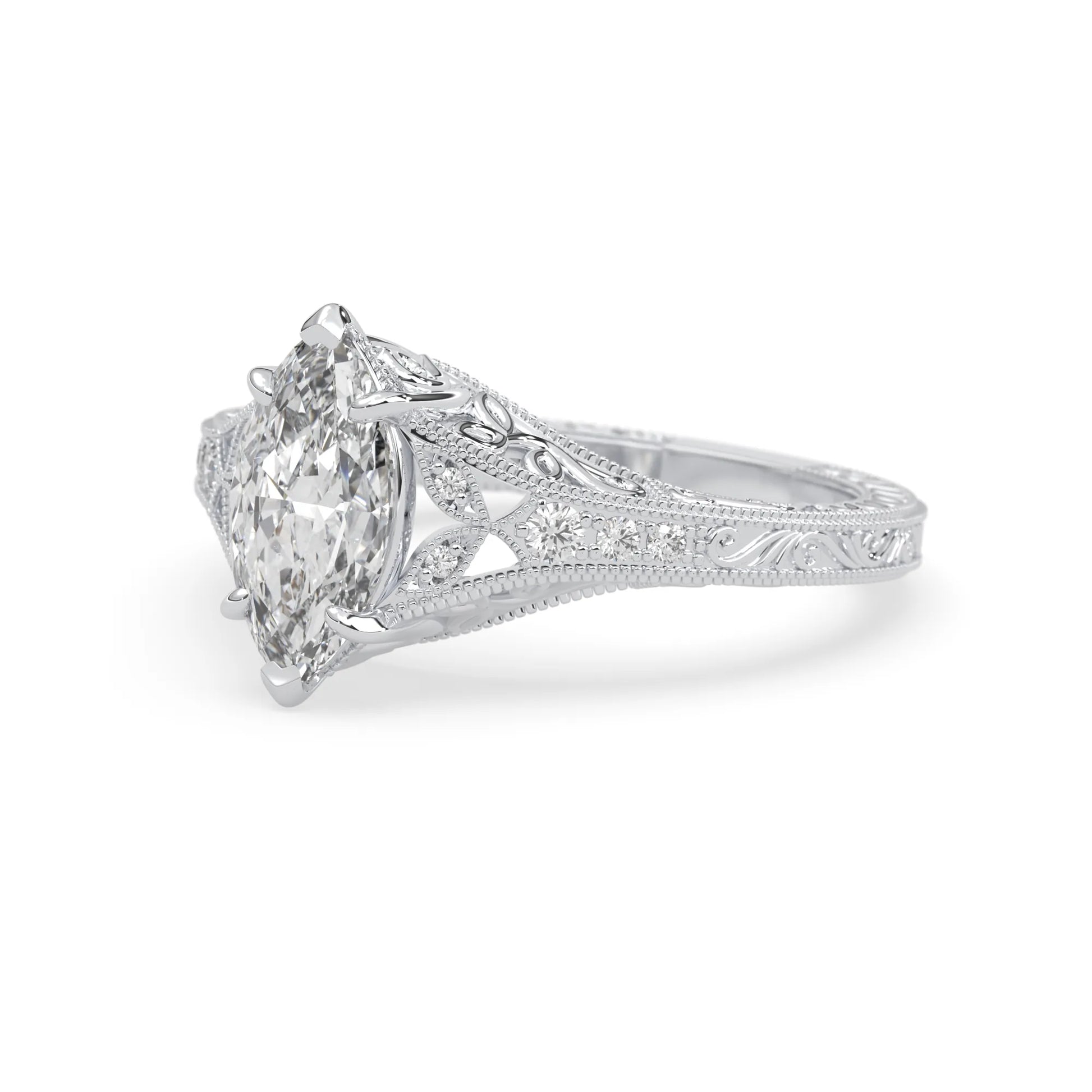 Marquise lab grown diamond engagement ring with ornate vintage split shank and round diamond accents in white gold