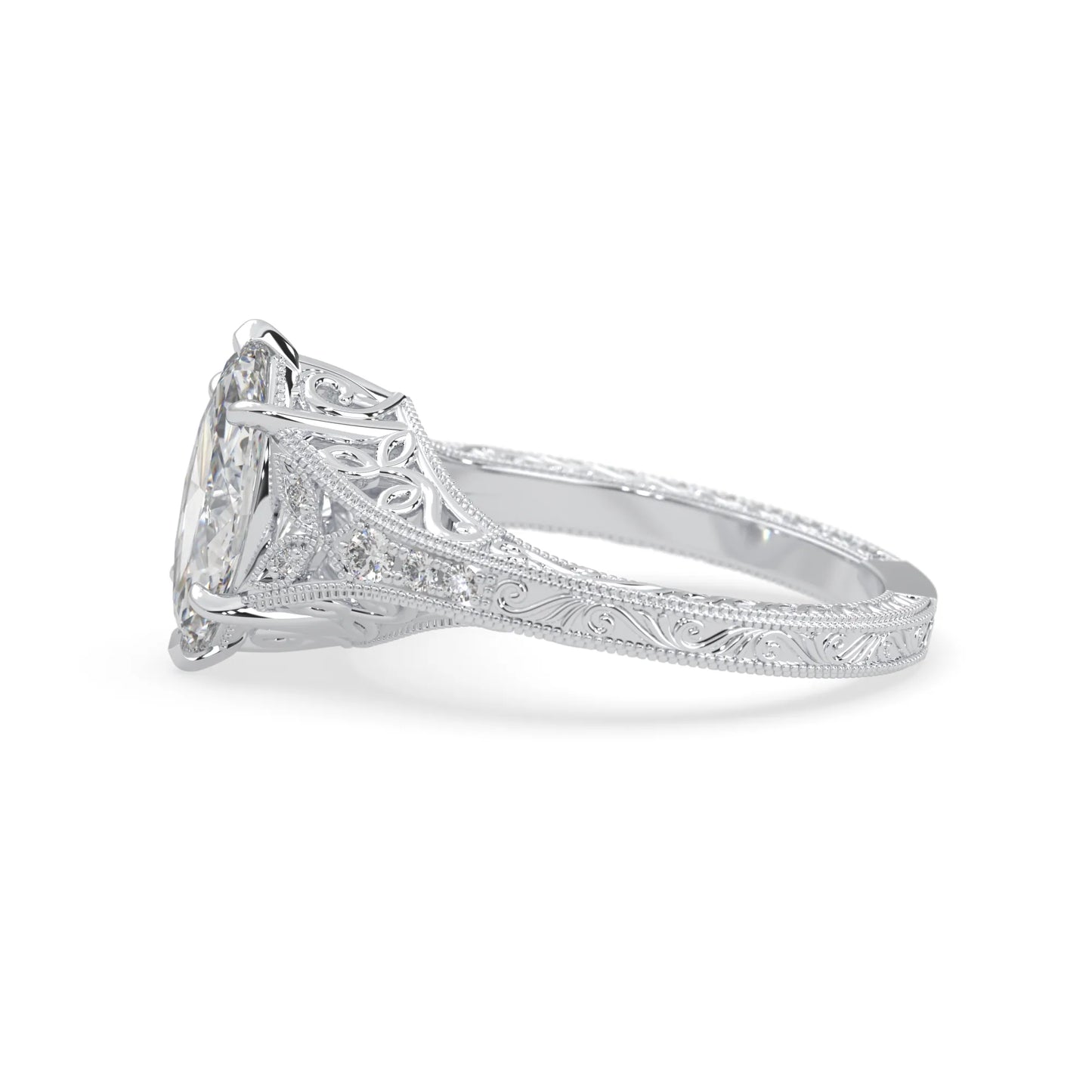 Marquise lab grown diamond engagement ring with ornate vintage split shank and round diamond accents in white gold