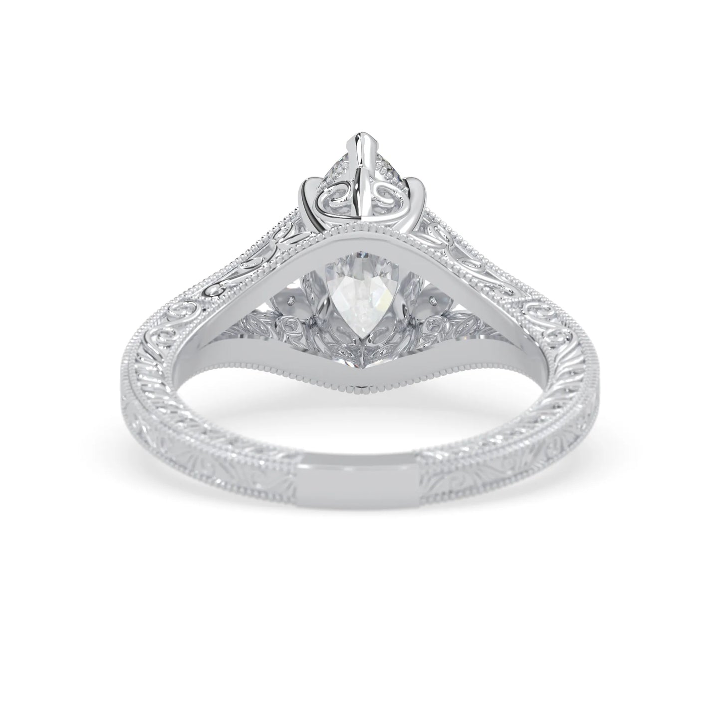 Marquise lab grown diamond engagement ring with ornate vintage split shank and round diamond accents in white gold