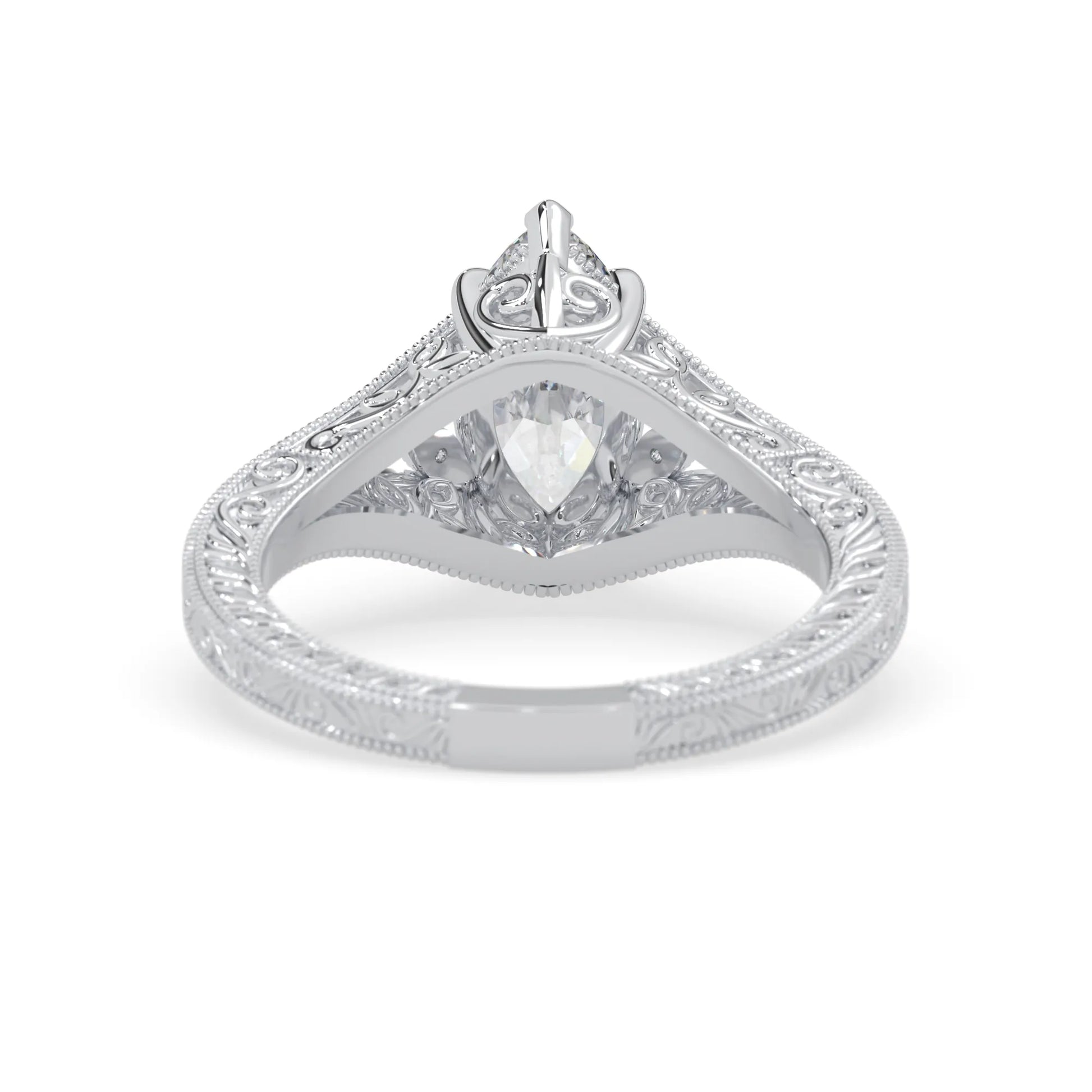 Marquise lab grown diamond engagement ring with ornate vintage split shank and round diamond accents in white gold