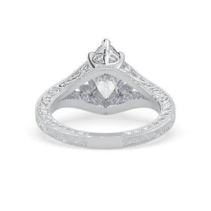 Marquise lab grown diamond engagement ring with ornate vintage split shank and round diamond accents in white gold