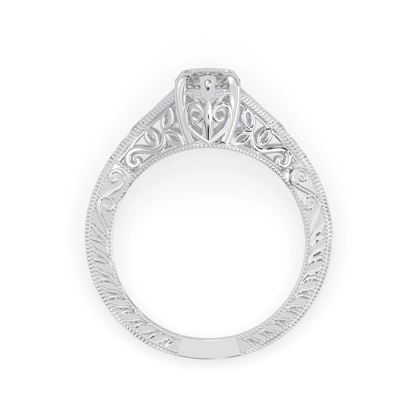 Marquise lab grown diamond engagement ring with ornate vintage split shank and round diamond accents in white gold