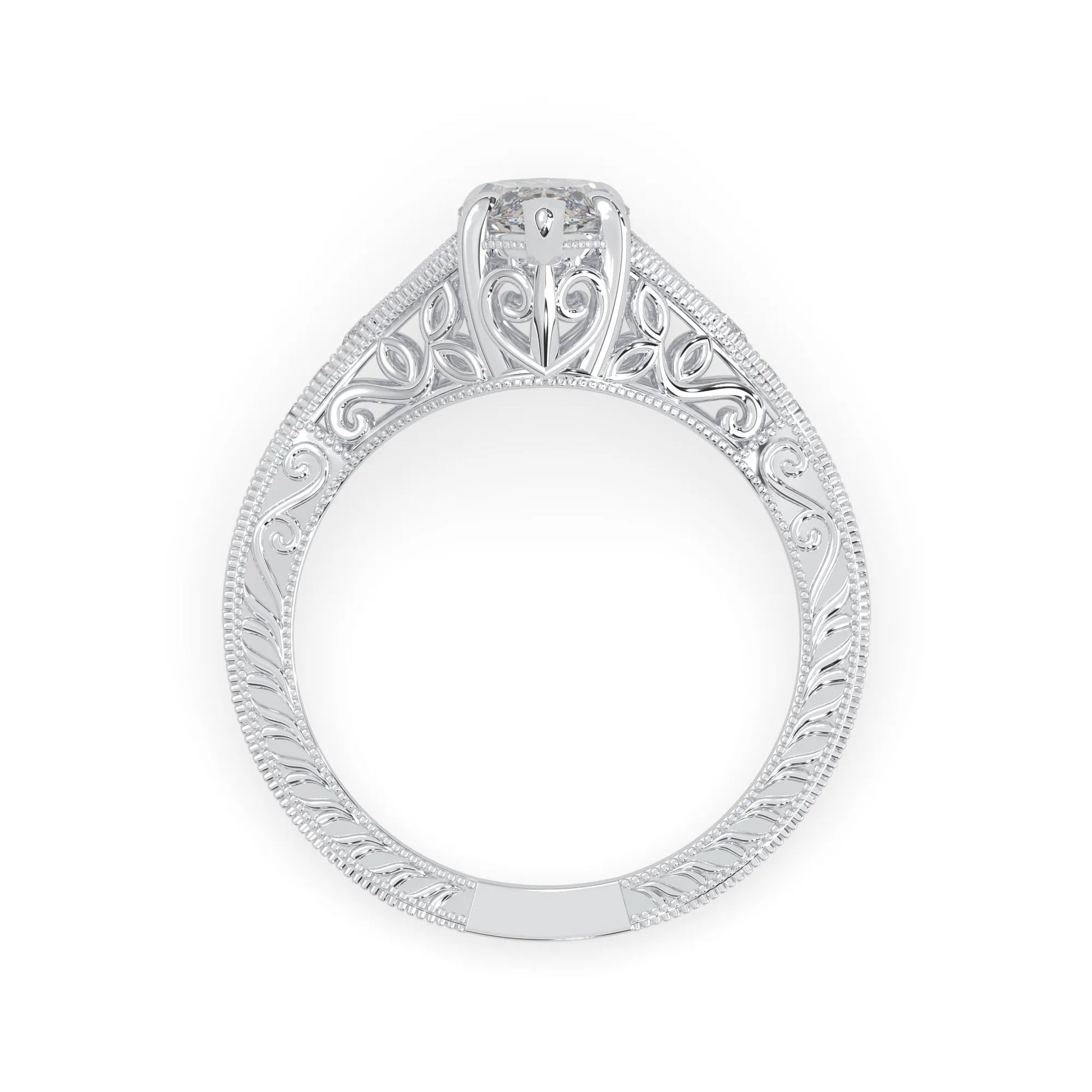 Marquise lab grown diamond engagement ring with ornate vintage split shank and round diamond accents in white gold