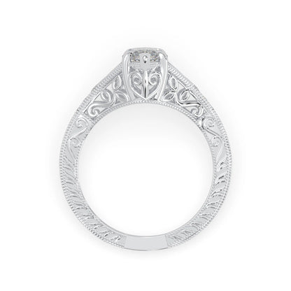 Marquise lab grown diamond engagement ring with ornate vintage split shank and round diamond accents in white gold