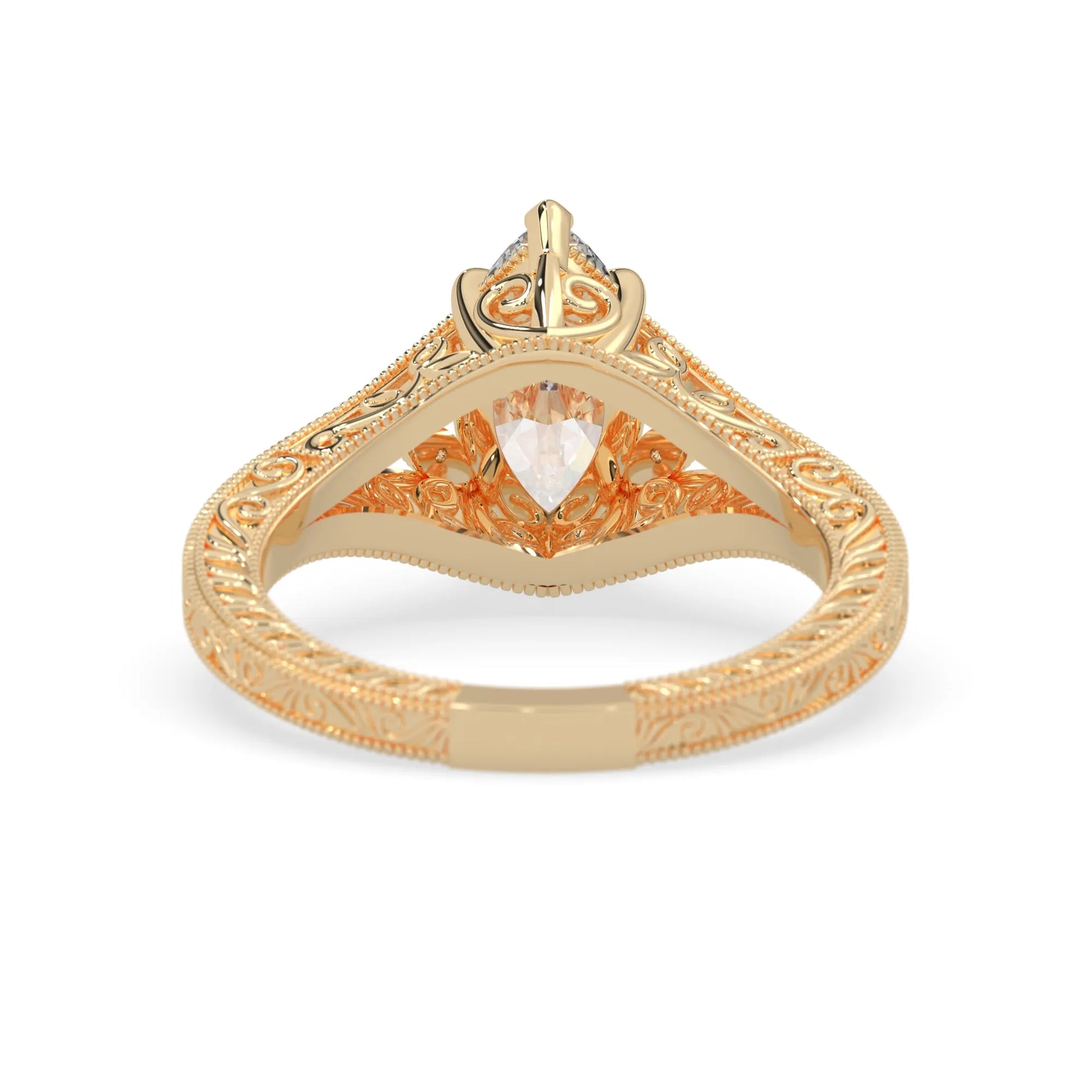 Marquise lab grown diamond engagement ring with ornate vintage split shank and round diamond accents in yellow gold