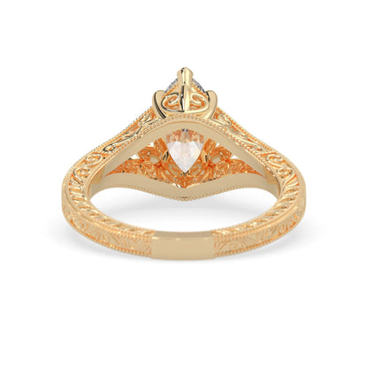Marquise lab grown diamond engagement ring with ornate vintage split shank and round diamond accents in yellow gold