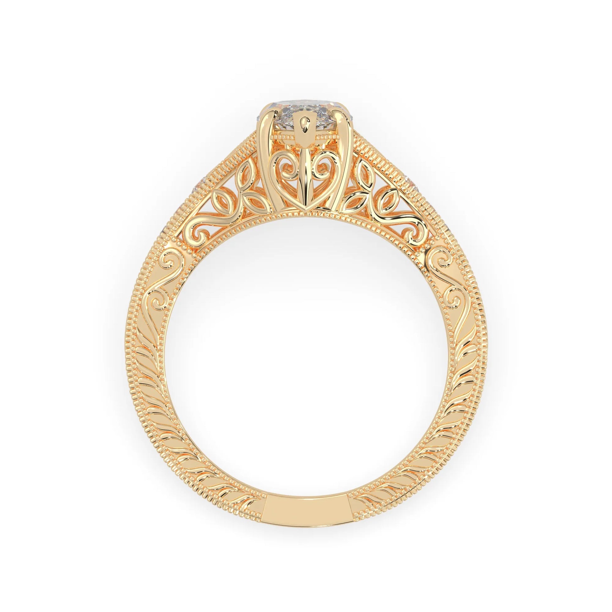 Marquise lab grown diamond engagement ring with ornate vintage split shank and round diamond accents in yellow gold