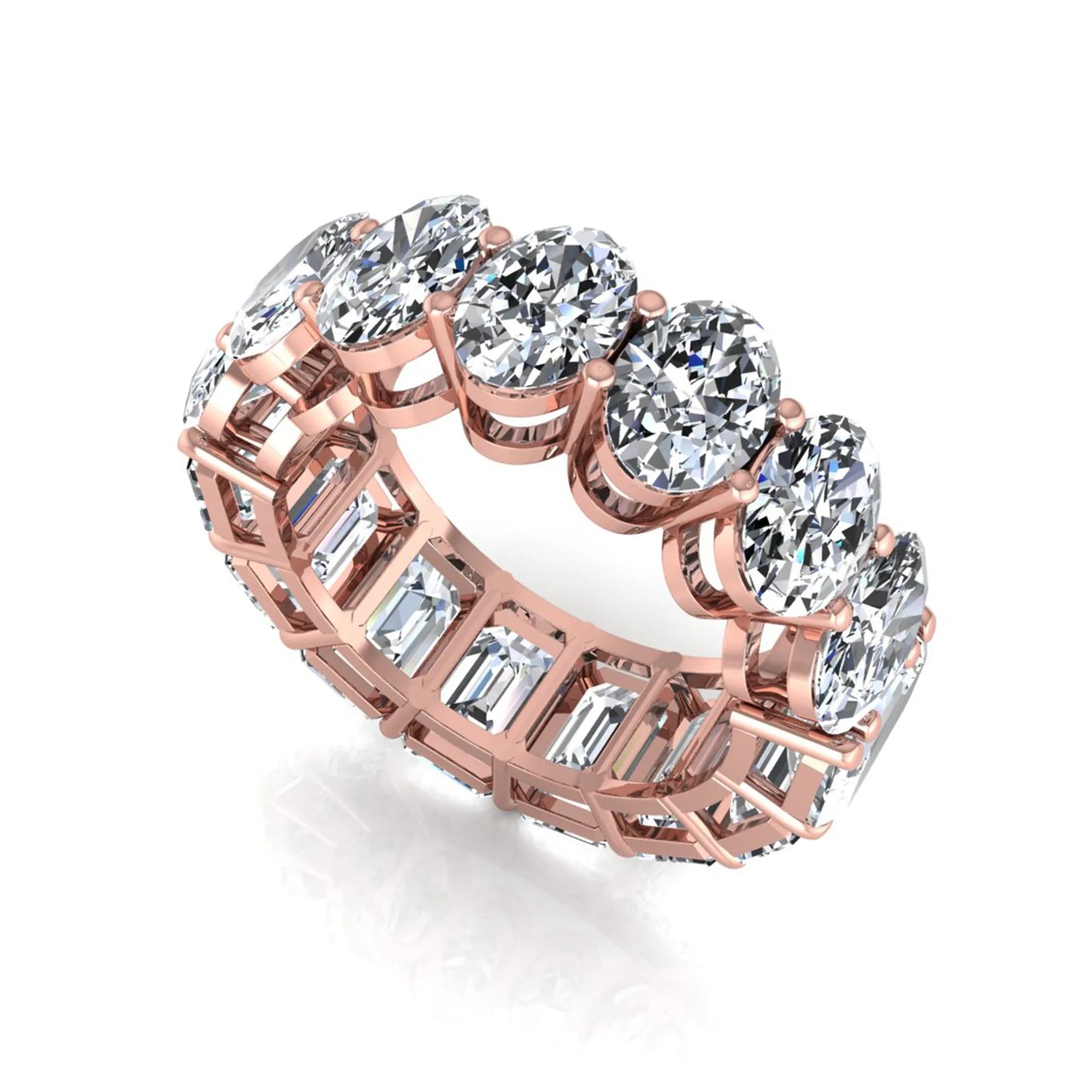 Mixed emerald and oval cut lab grown diamond full eternity band featuring alternating diamonds in a shared prong setting in rose gold