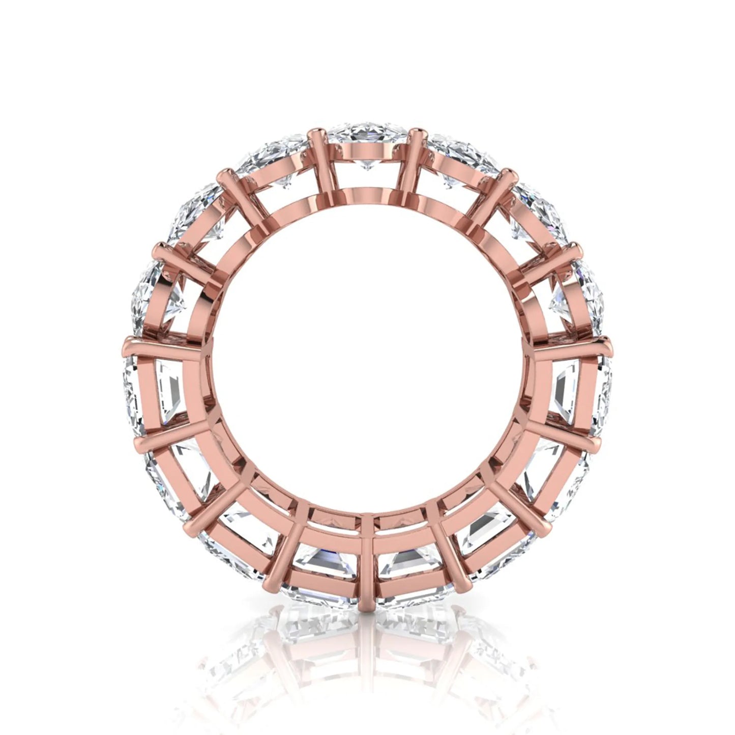 Mixed emerald and oval cut lab grown diamond full eternity band featuring alternating diamonds in a shared prong setting in rose gold