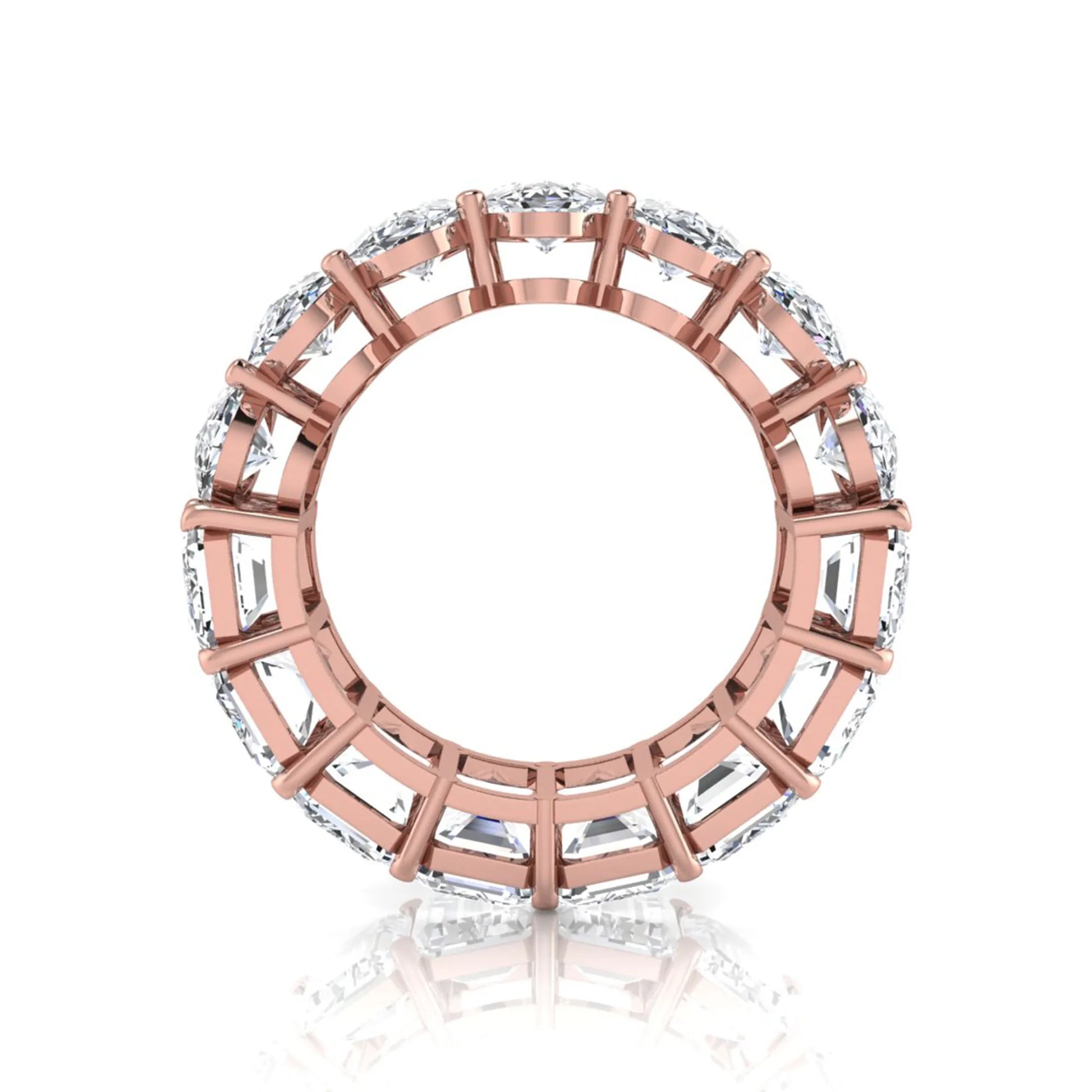 Mixed emerald and oval cut lab grown diamond full eternity band featuring alternating diamonds in a shared prong setting in rose gold
