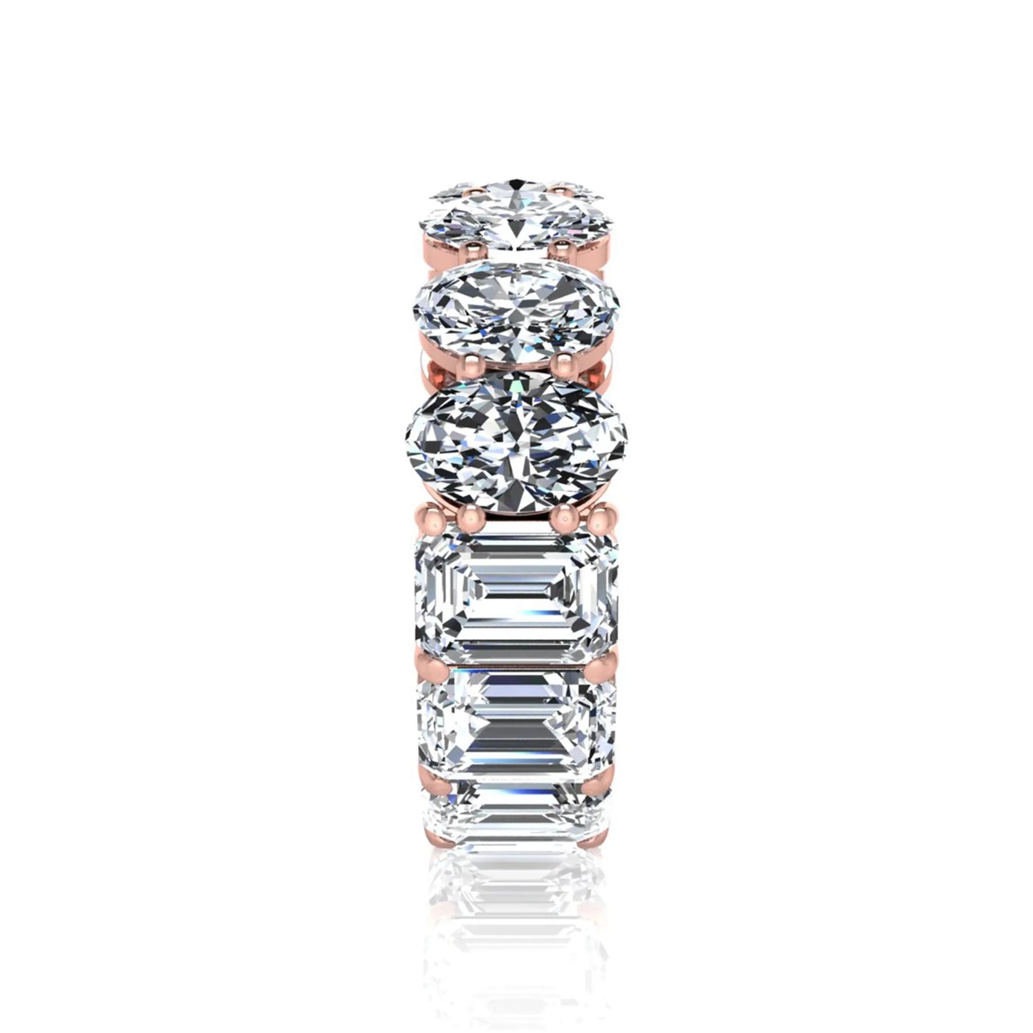 Mixed emerald and oval cut lab grown diamond full eternity band featuring alternating diamonds in a shared prong setting in rose gold