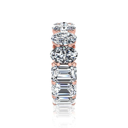 Mixed emerald and oval cut lab grown diamond full eternity band featuring alternating diamonds in a shared prong setting in rose gold