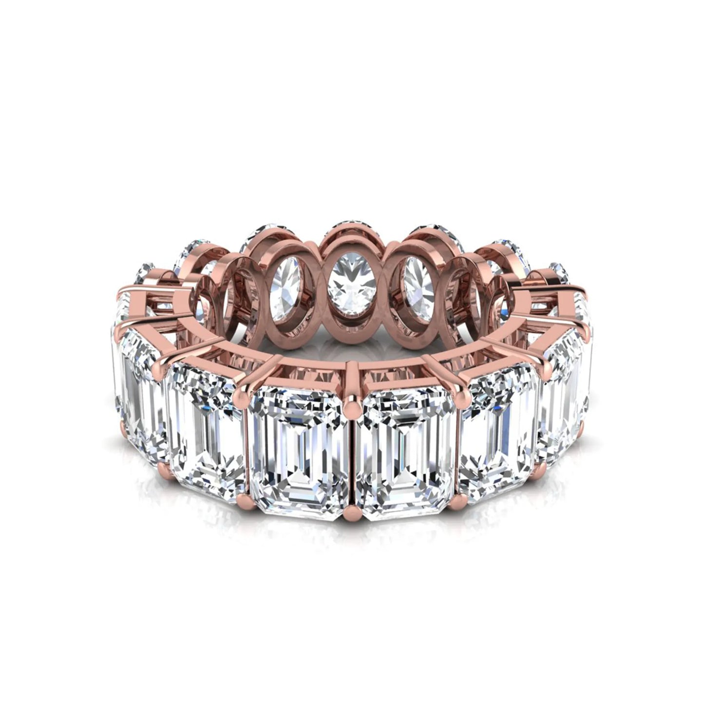 Mixed emerald and oval cut lab grown diamond full eternity band featuring alternating diamonds in a shared prong setting in rose gold