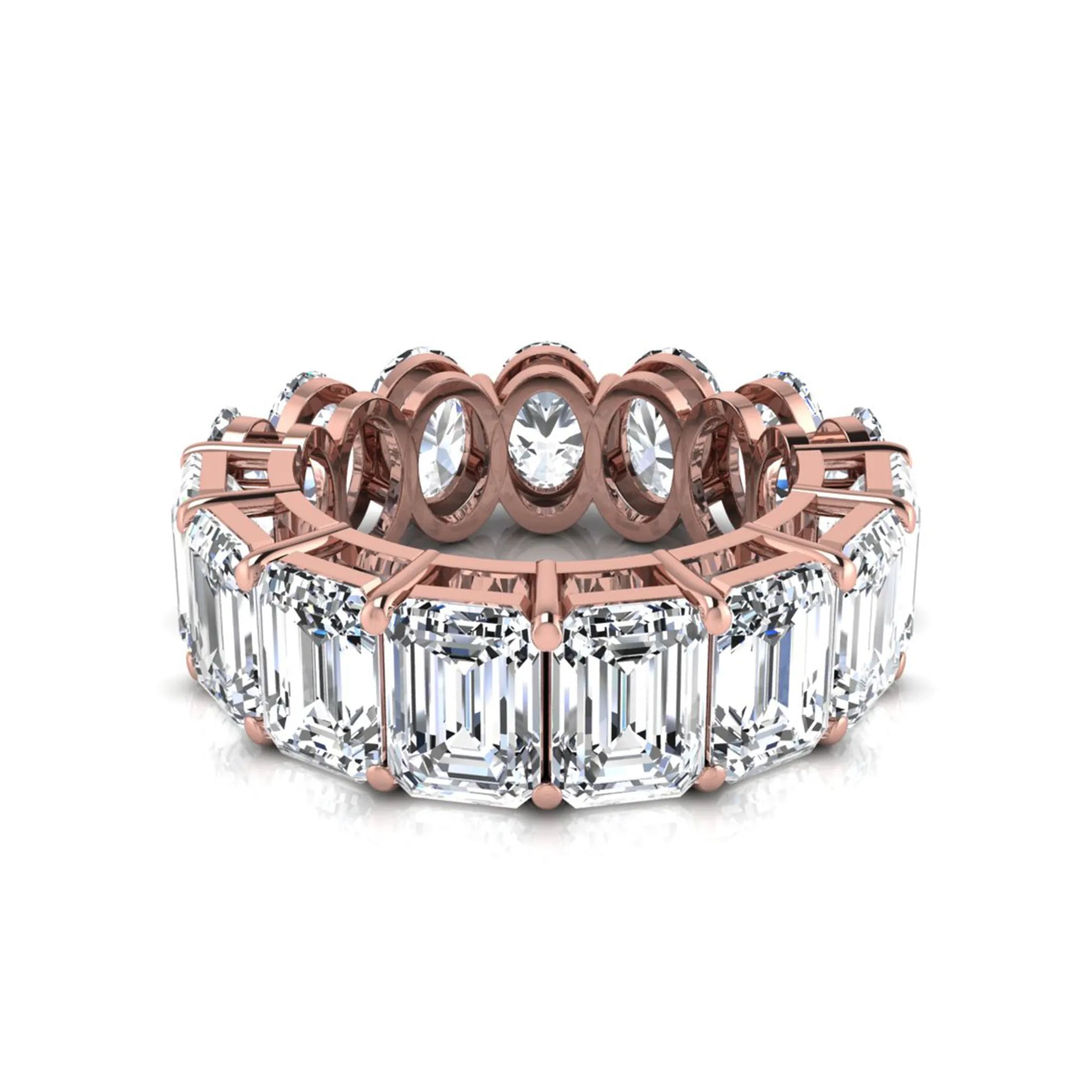Mixed emerald and oval cut lab grown diamond full eternity band featuring alternating diamonds in a shared prong setting in rose gold