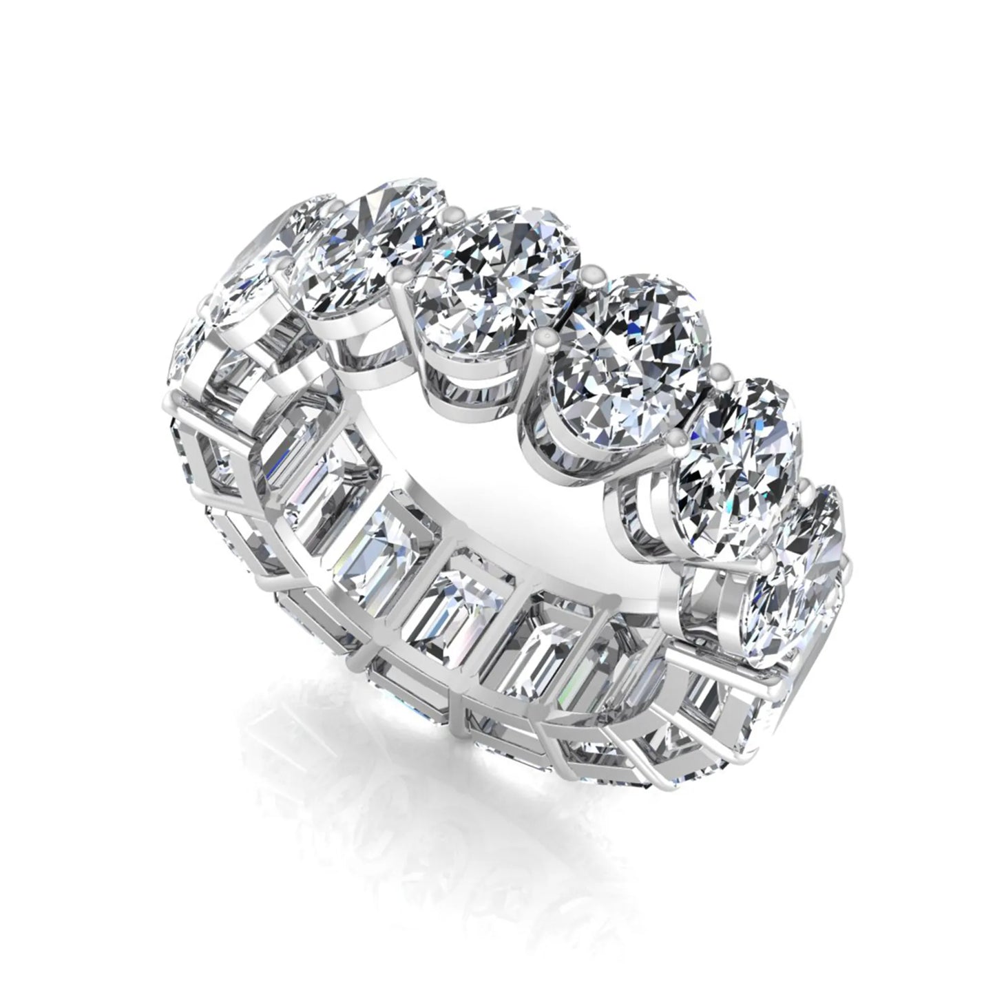 Mixed emerald and oval cut lab grown diamond full eternity band featuring alternating diamonds in a shared prong setting in white gold
