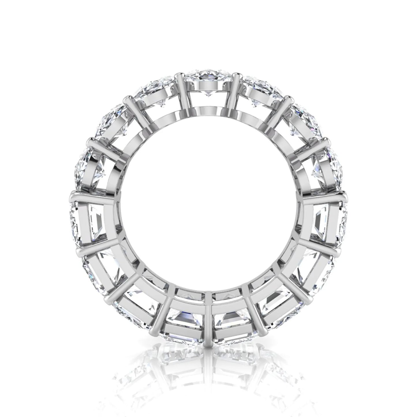 Mixed emerald and oval cut lab grown diamond full eternity band featuring alternating diamonds in a shared prong setting in white gold