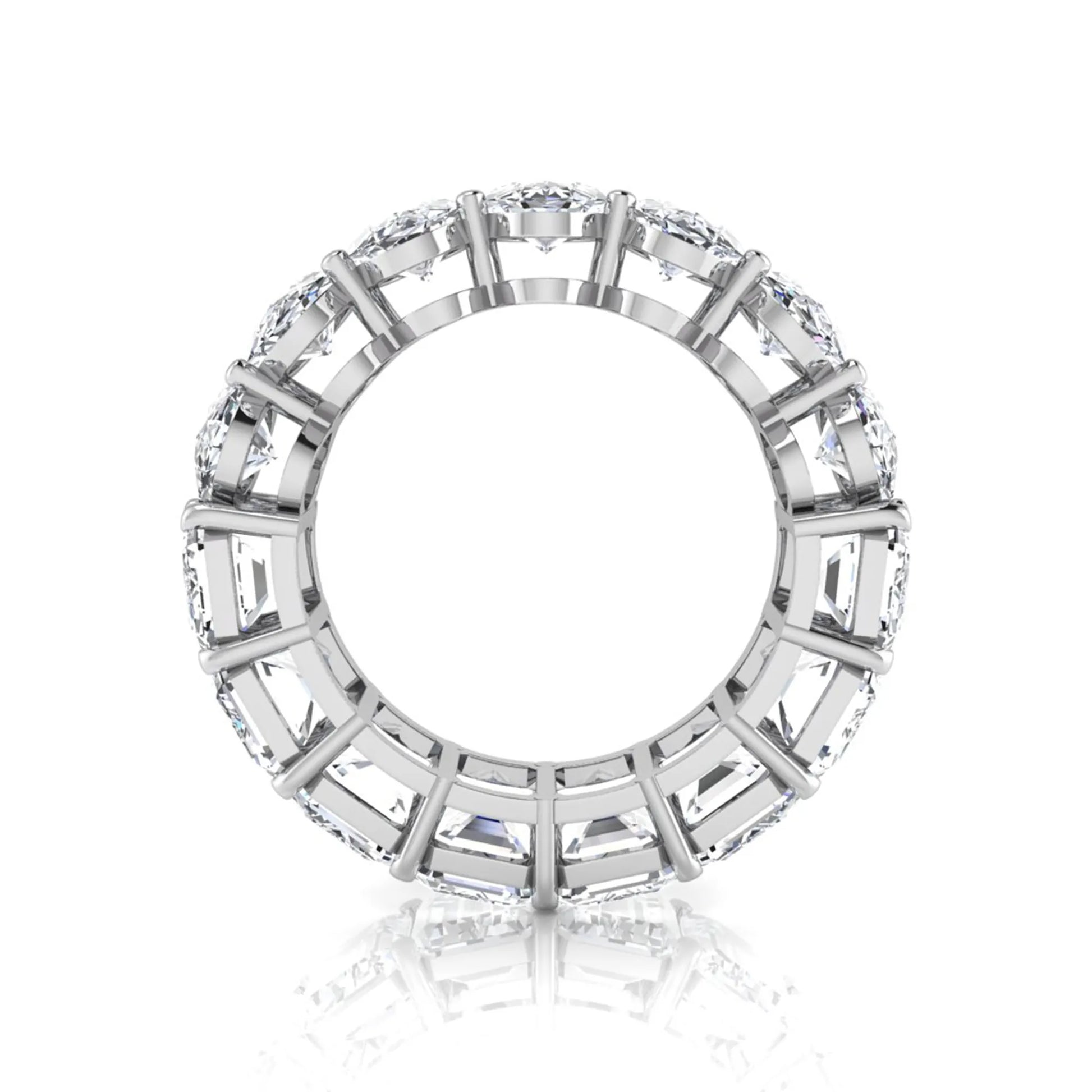 Mixed emerald and oval cut lab grown diamond full eternity band featuring alternating diamonds in a shared prong setting in white gold