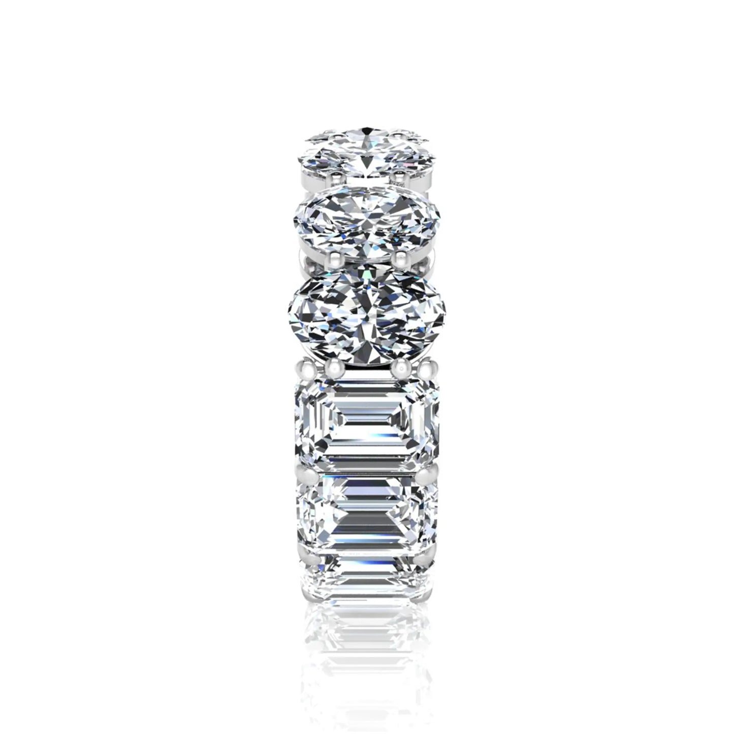 Mixed emerald and oval cut lab grown diamond full eternity band featuring alternating diamonds in a shared prong setting in white gold