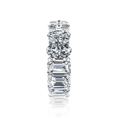 Mixed emerald and oval cut lab grown diamond full eternity band featuring alternating diamonds in a shared prong setting in white gold