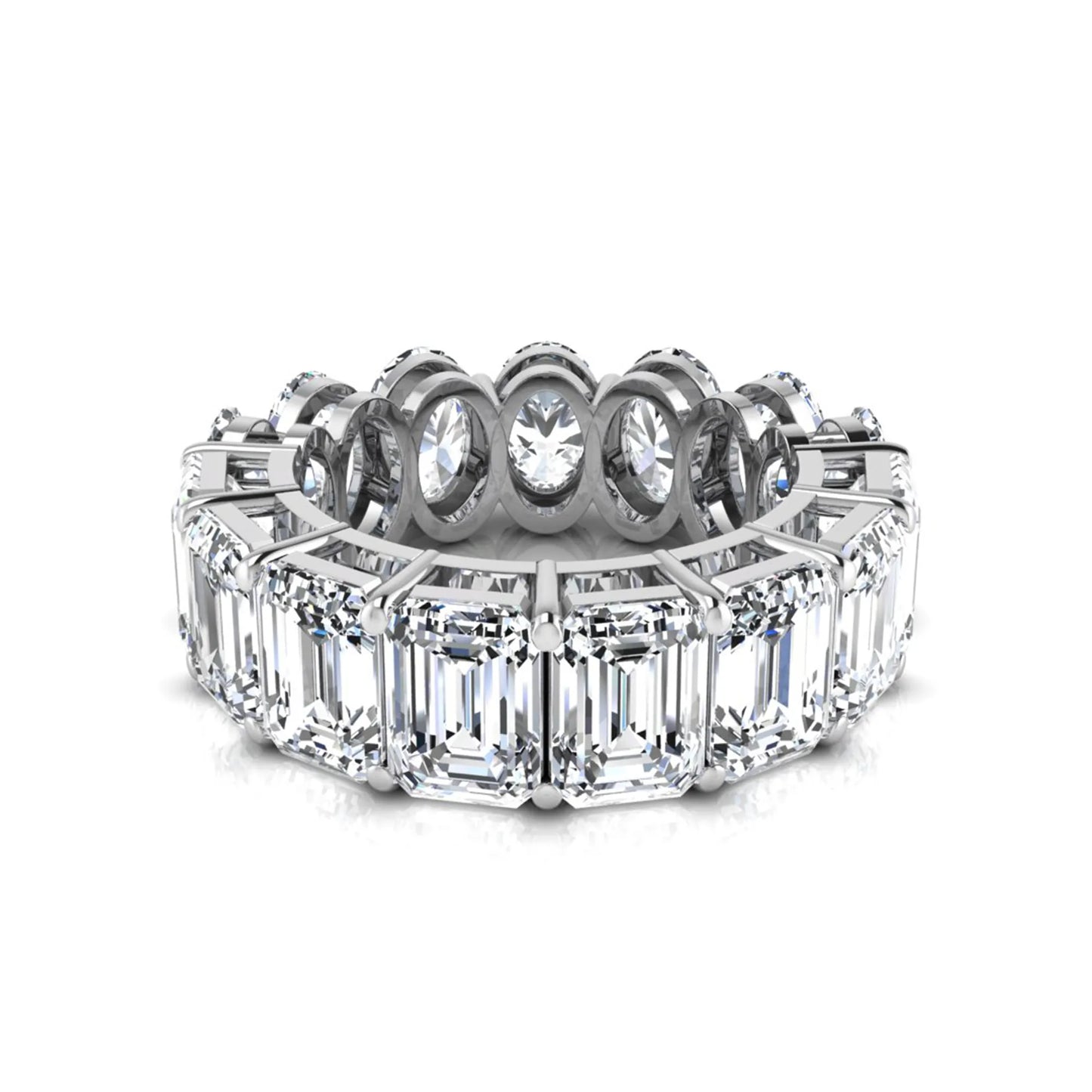 Mixed emerald and oval cut lab grown diamond full eternity band featuring alternating diamonds in a shared prong setting in white gold