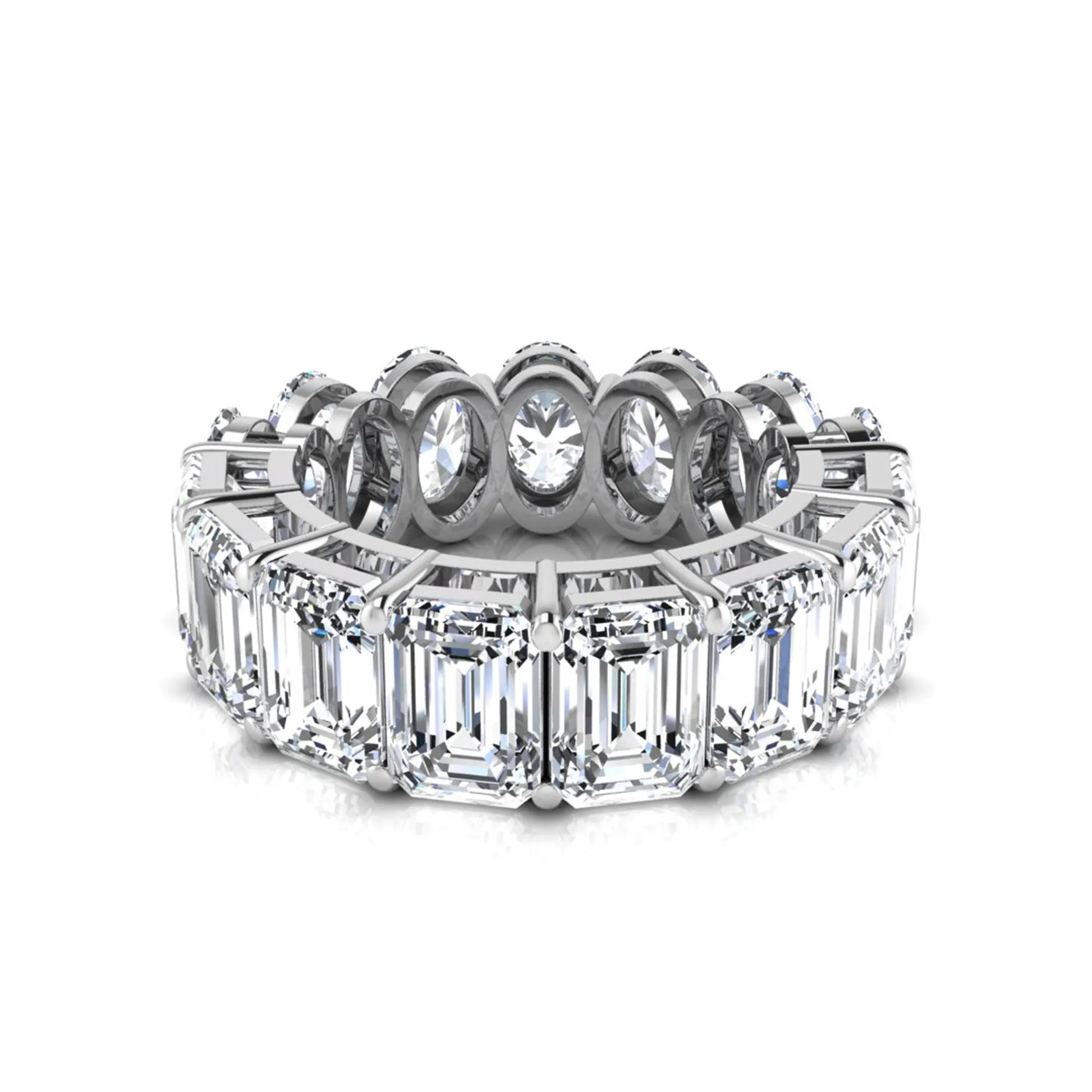 Mixed emerald and oval cut lab grown diamond full eternity band featuring alternating diamonds in a shared prong setting in white gold