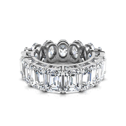 Mixed emerald and oval cut lab grown diamond full eternity band featuring alternating diamonds in a shared prong setting in white gold
