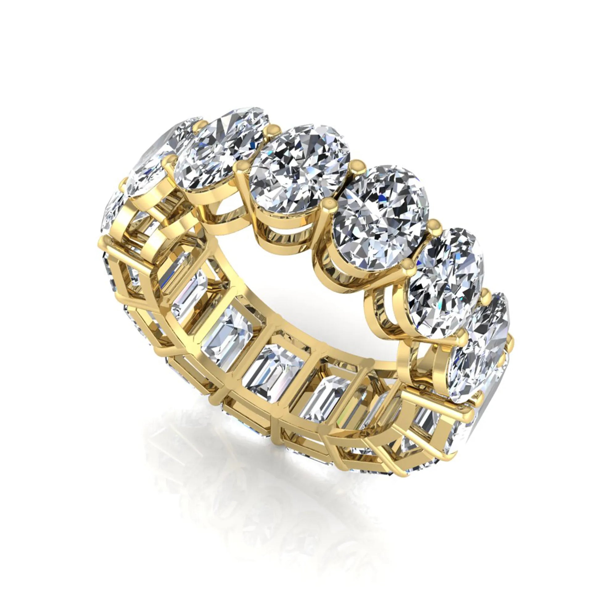 Mixed emerald and oval cut lab grown diamond full eternity band featuring alternating diamonds in a shared prong setting in yellow gold