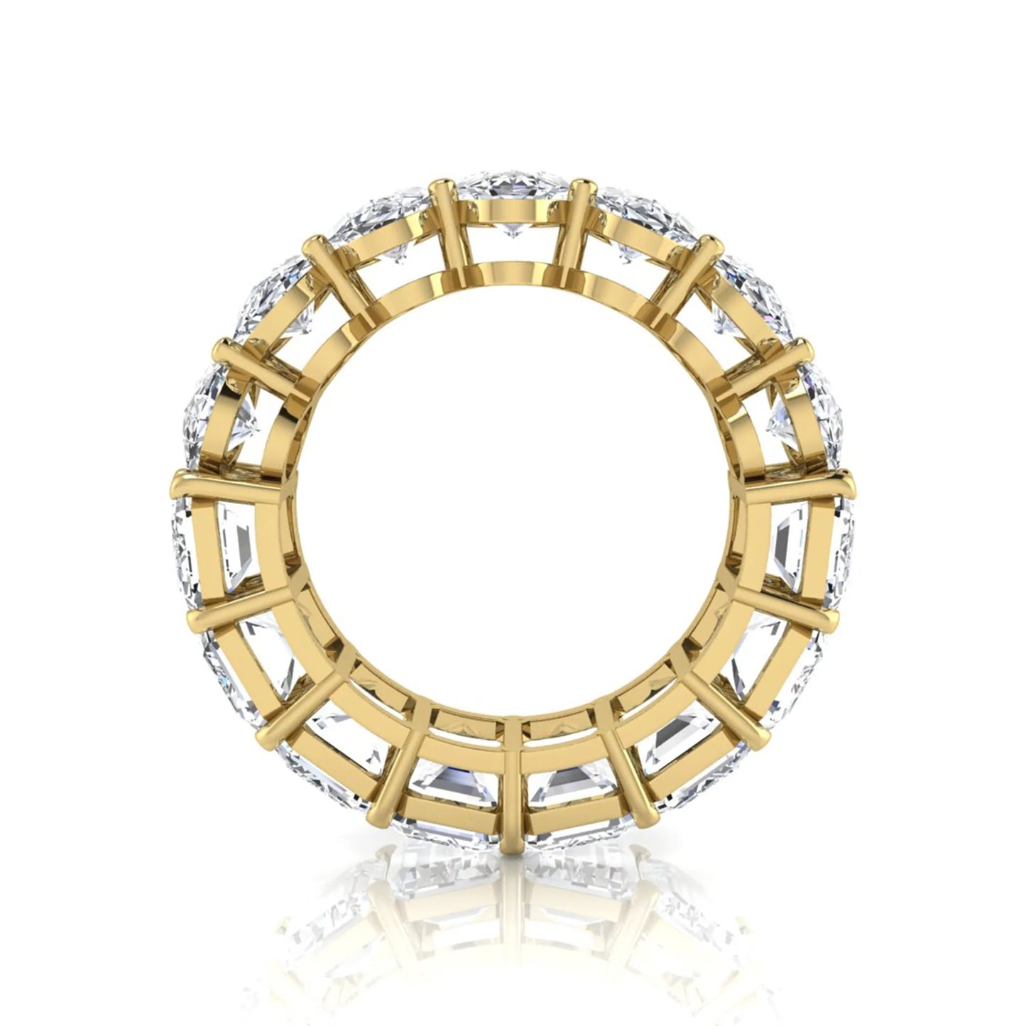 Mixed emerald and oval cut lab grown diamond full eternity band featuring alternating diamonds in a shared prong setting in yellow gold