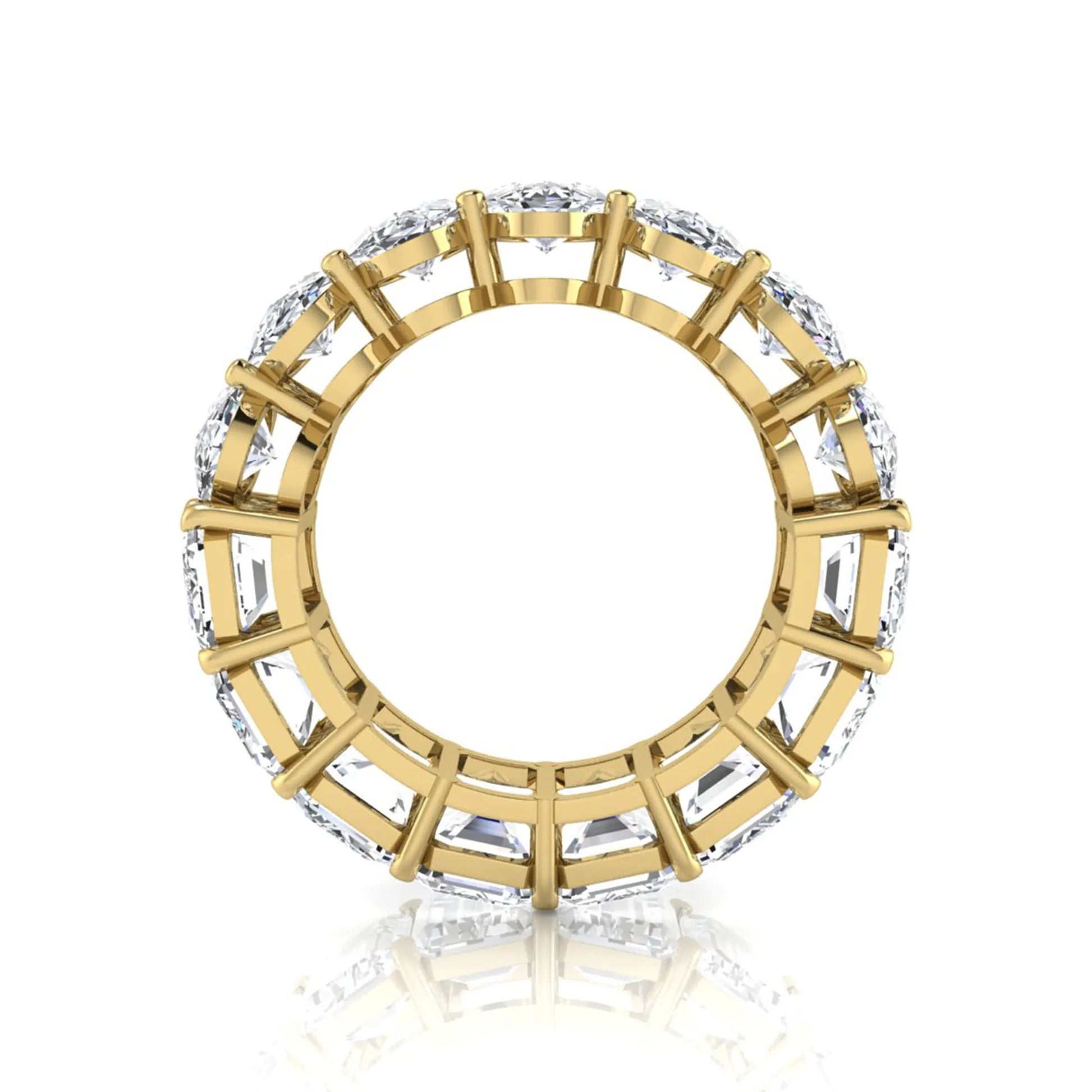 Mixed emerald and oval cut lab grown diamond full eternity band featuring alternating diamonds in a shared prong setting in yellow gold