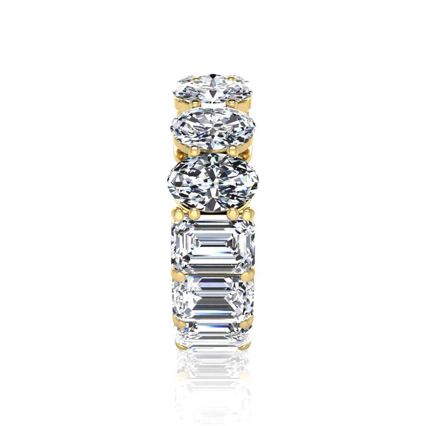 Mixed emerald and oval cut lab grown diamond full eternity band featuring alternating diamonds in a shared prong setting in yellow gold