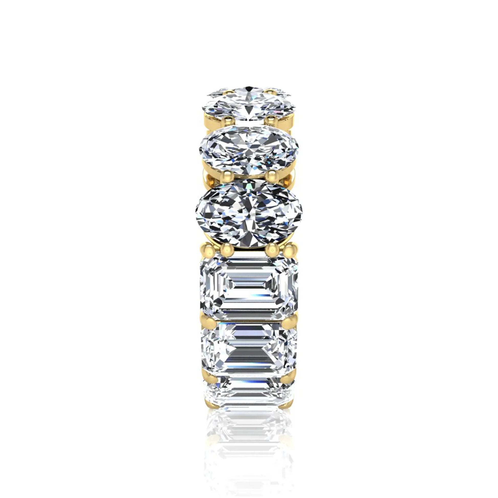 Mixed emerald and oval cut lab grown diamond full eternity band featuring alternating diamonds in a shared prong setting in yellow gold