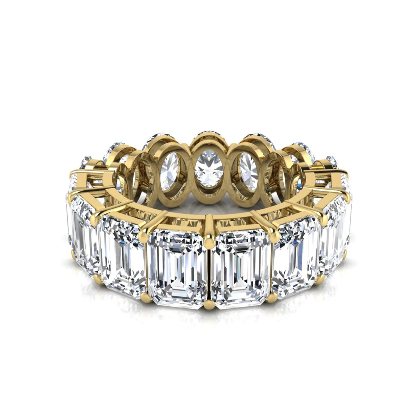 Mixed emerald and oval cut lab grown diamond full eternity band featuring alternating diamonds in a shared prong setting in yellow gold