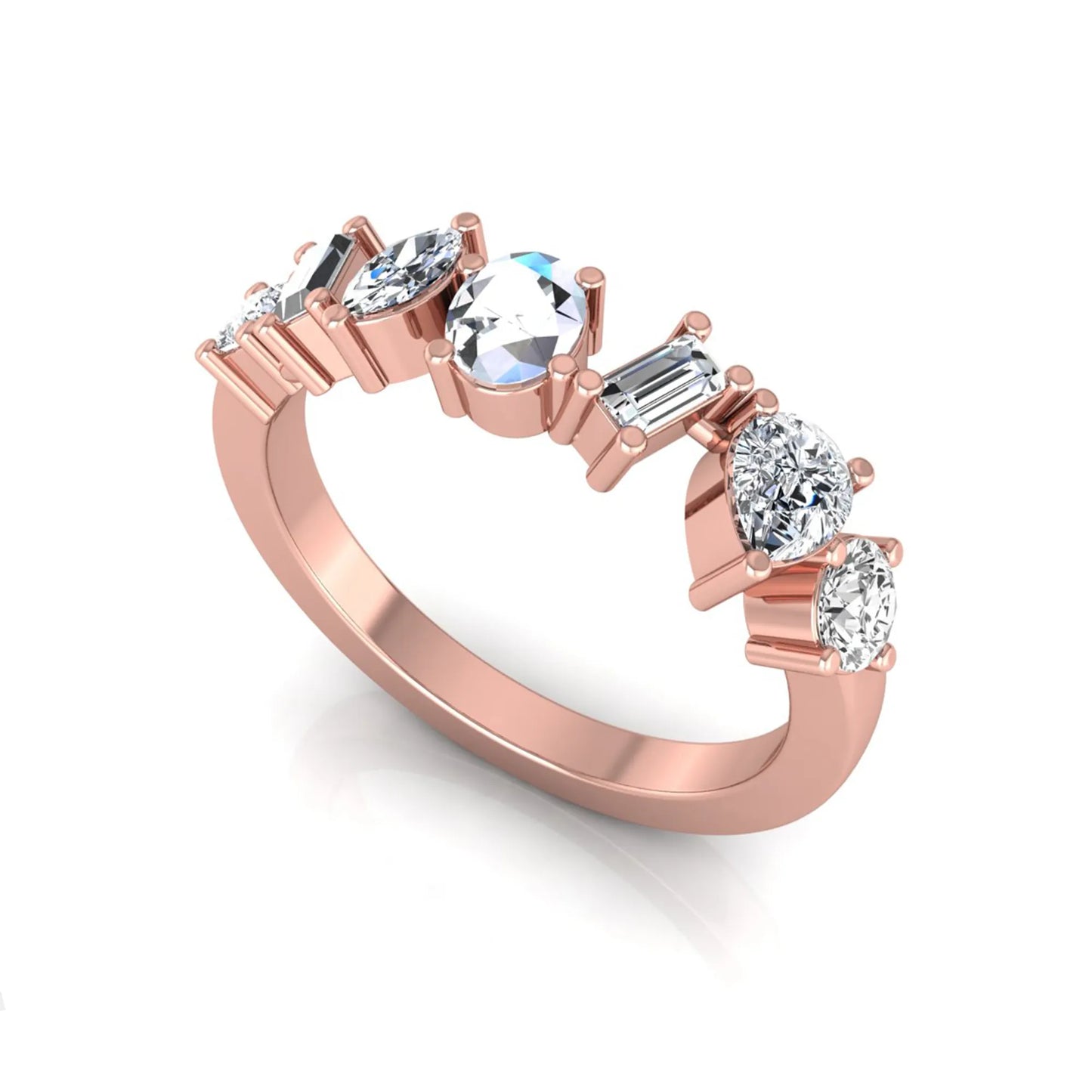 Mixed shape lab grown diamond cluster ring featuring marquise, princess, pear, oval, baguette and round cut diamonds in a prong setting in rose gold
