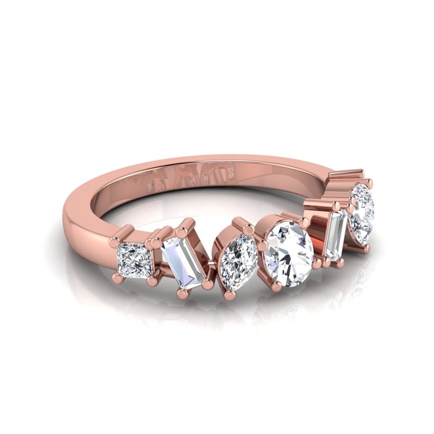 Mixed shape lab grown diamond cluster ring featuring marquise, princess, pear, oval, baguette and round cut diamonds in a prong setting in rose gold
