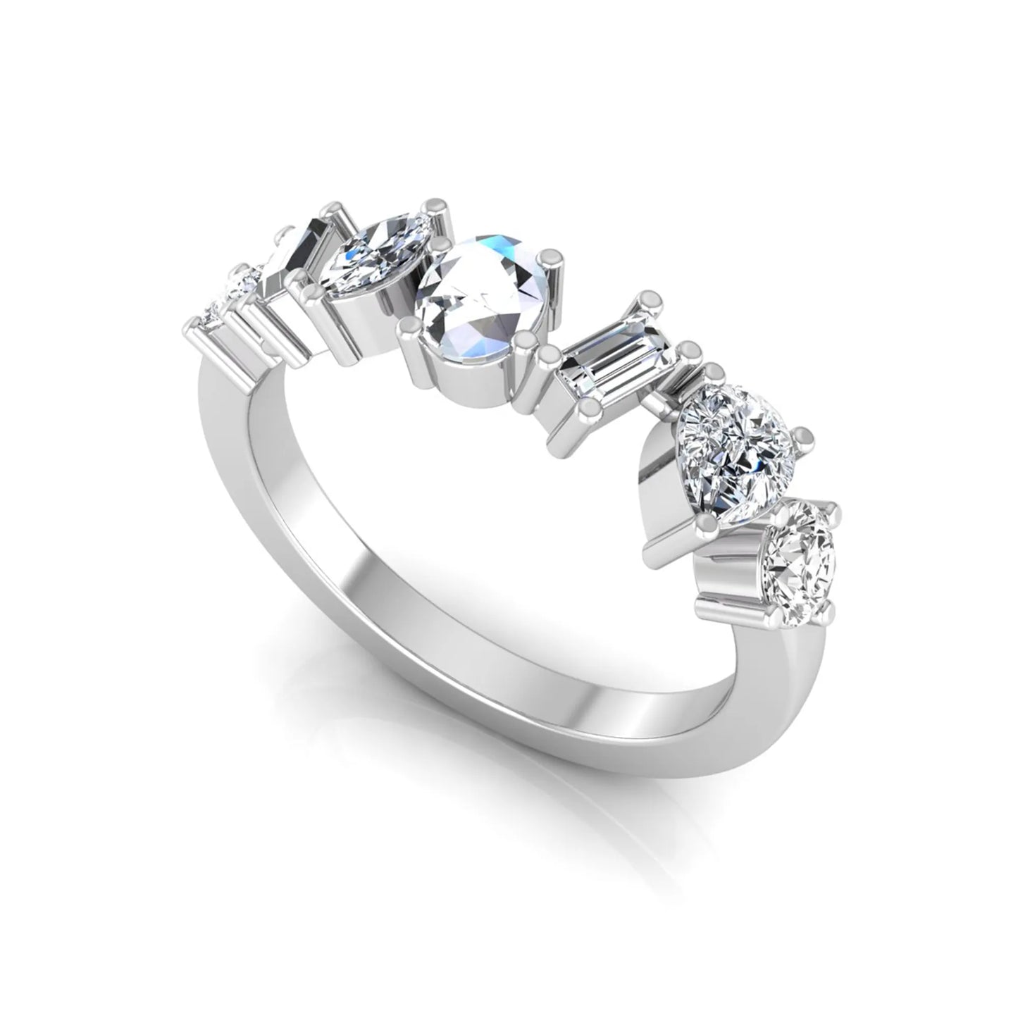 Mixed shape lab grown diamond cluster ring featuring marquise, princess, pear, oval, baguette and round cut diamonds in a prong setting in white gold
