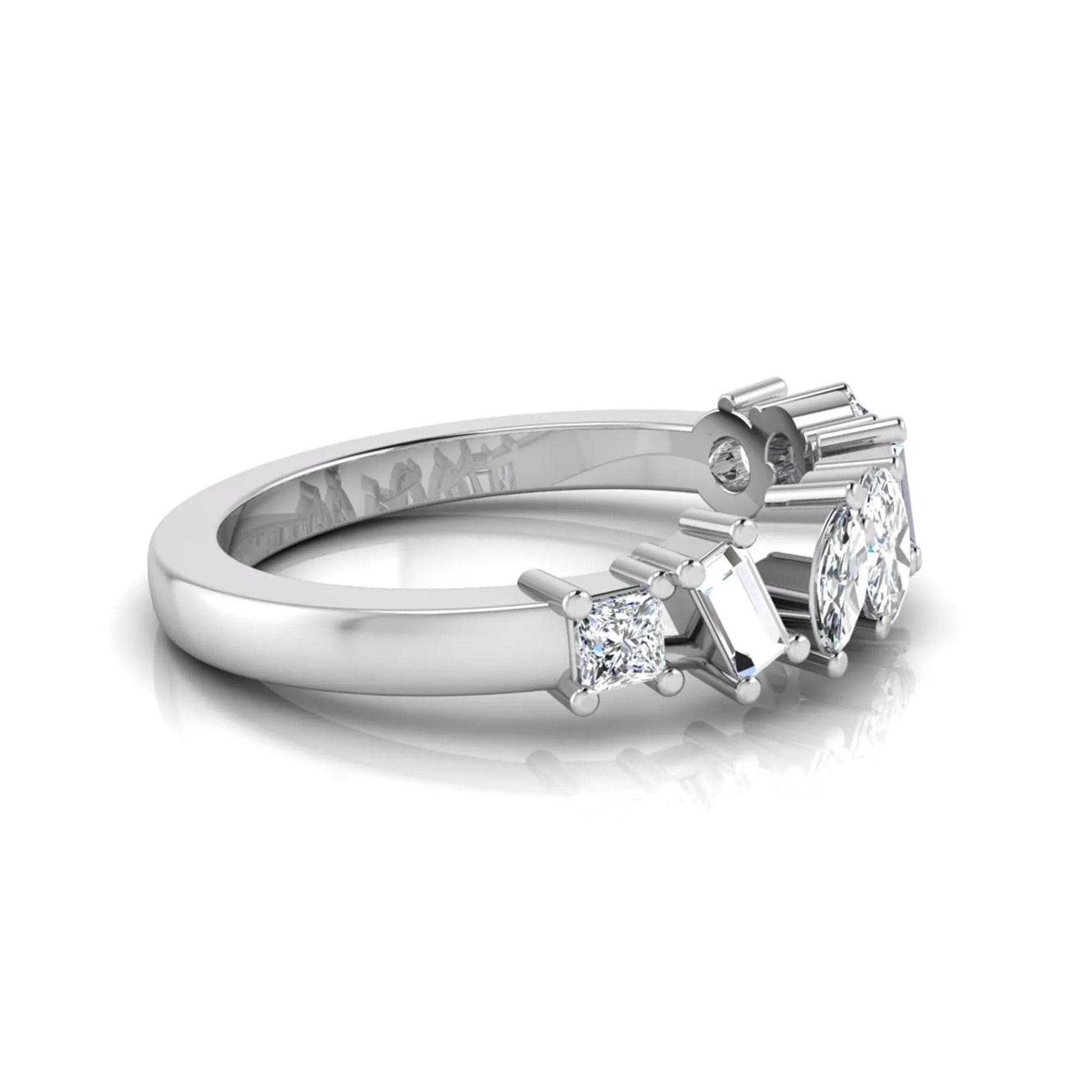 Mixed shape lab grown diamond cluster ring featuring marquise, princess, pear, oval, baguette and round cut diamonds in a prong setting in white gold