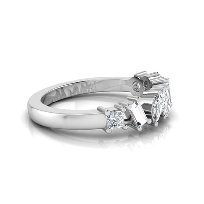Mixed shape lab grown diamond cluster ring featuring marquise, princess, pear, oval, baguette and round cut diamonds in a prong setting in white gold